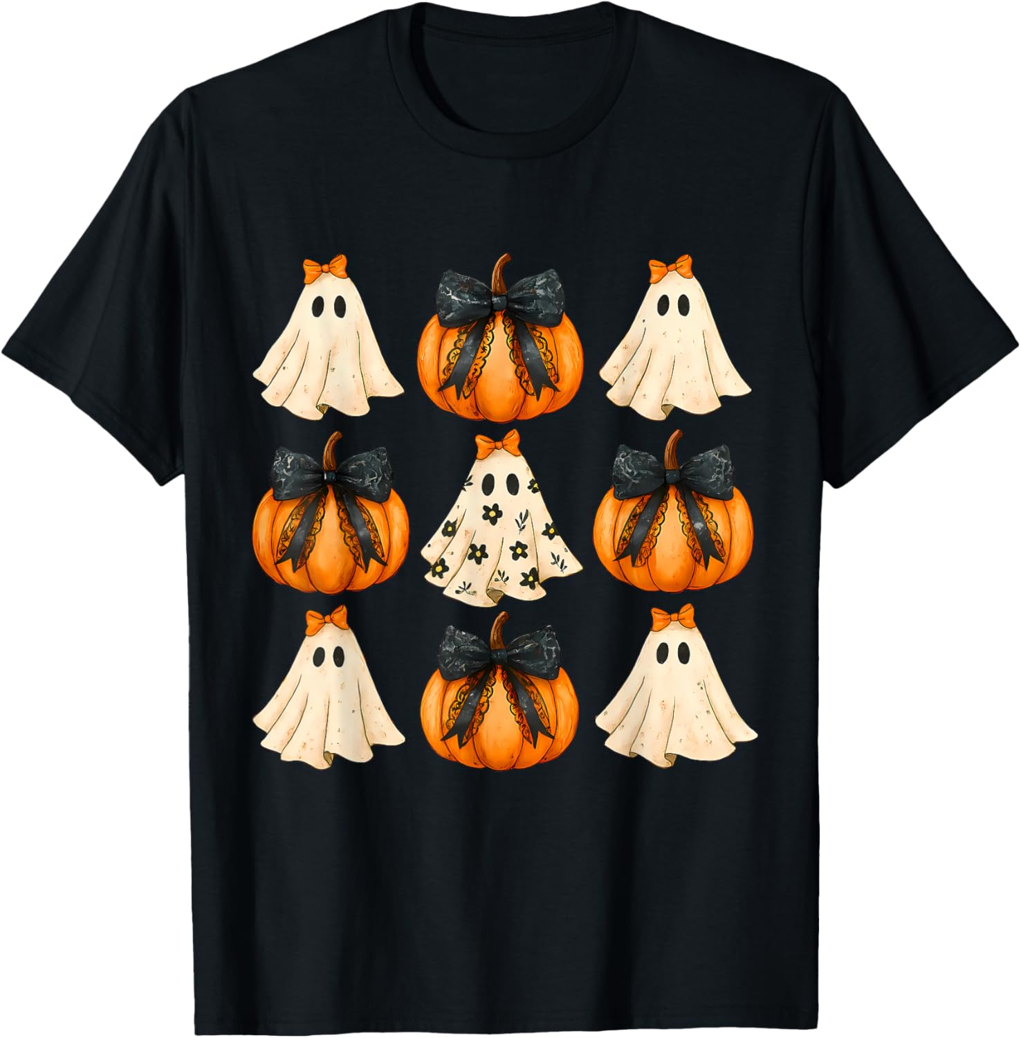 Cute Halloween Bow Pumpkin Ghost T-Shirt for Women and Girls - 16