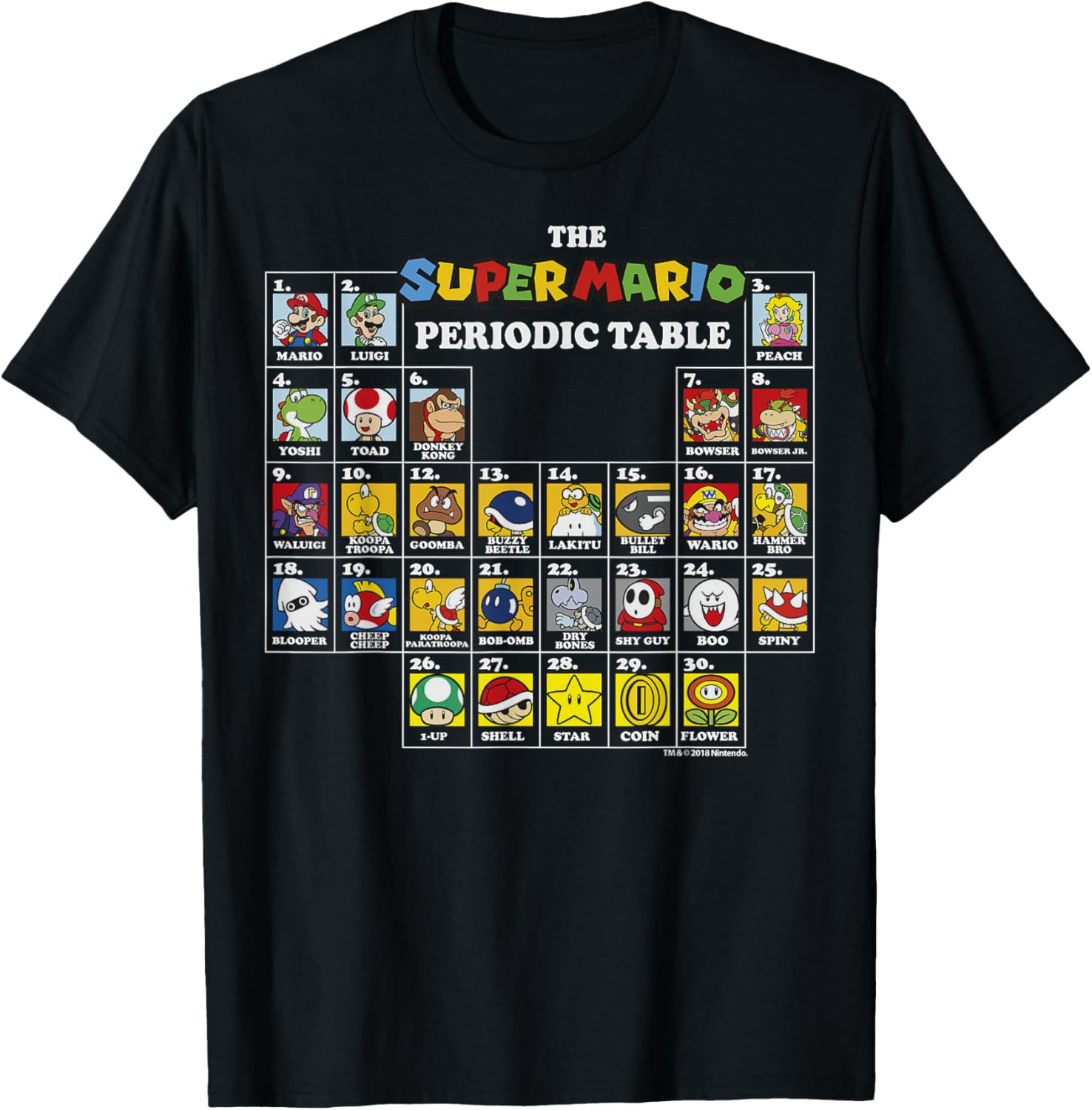 Super Mario Periodic Table Graphic T-Shirt Fun Character Design for Gamers - 10