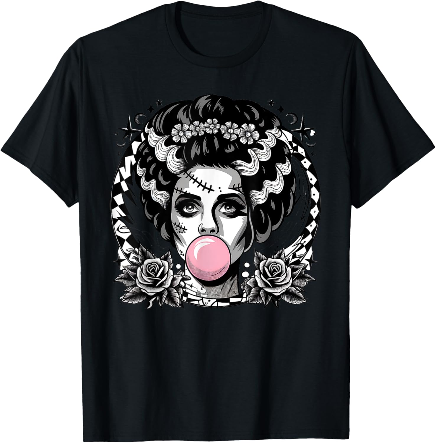 Funny Frankenstein Monster and Bride Bubble Gum Halloween T-Shirt - 1