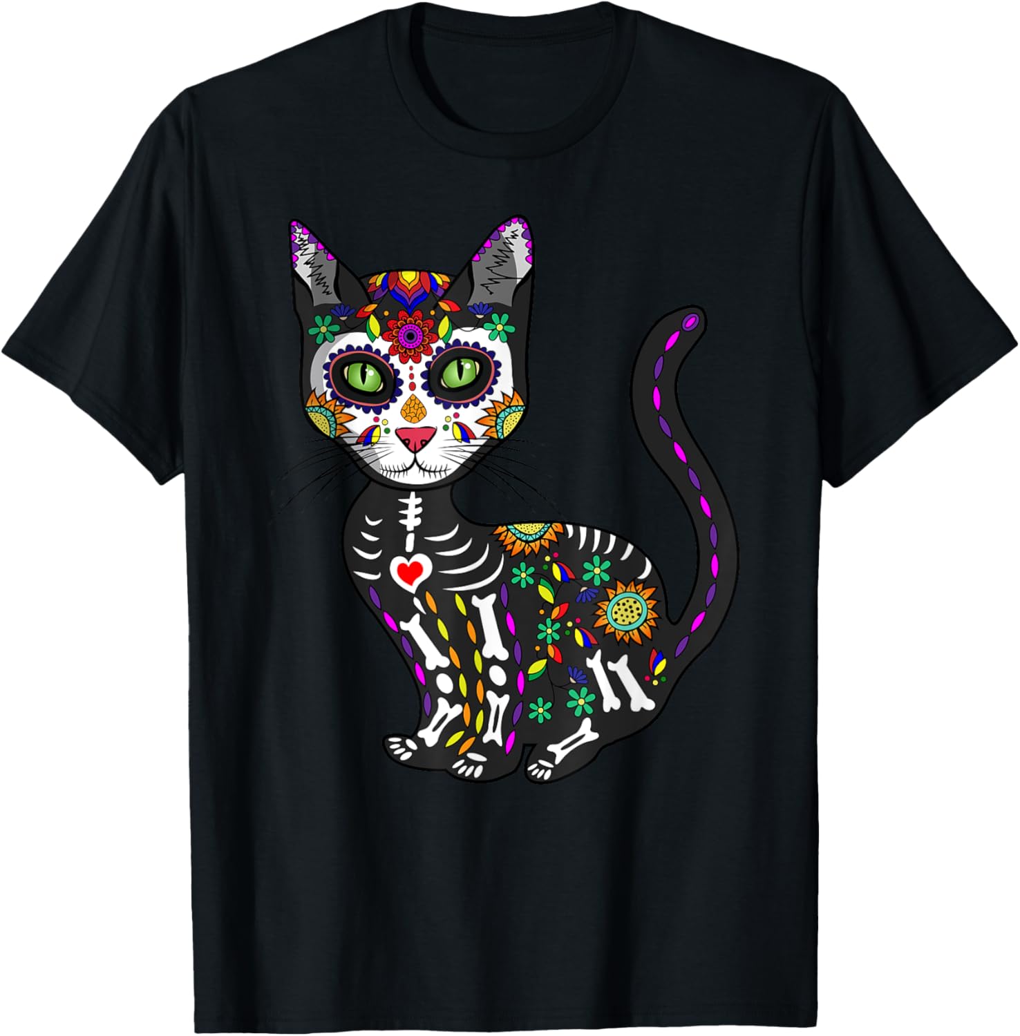 Cute Sugar Skull Cat T-Shirt for Halloween Day of the Dead Fun - 13