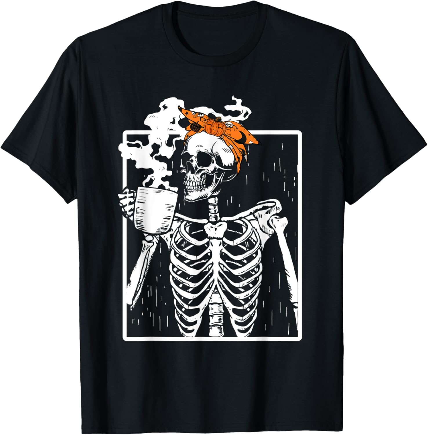 Coffee Drinking Skeleton Halloween T-Shirt for Women with Messy Bun Style - 1