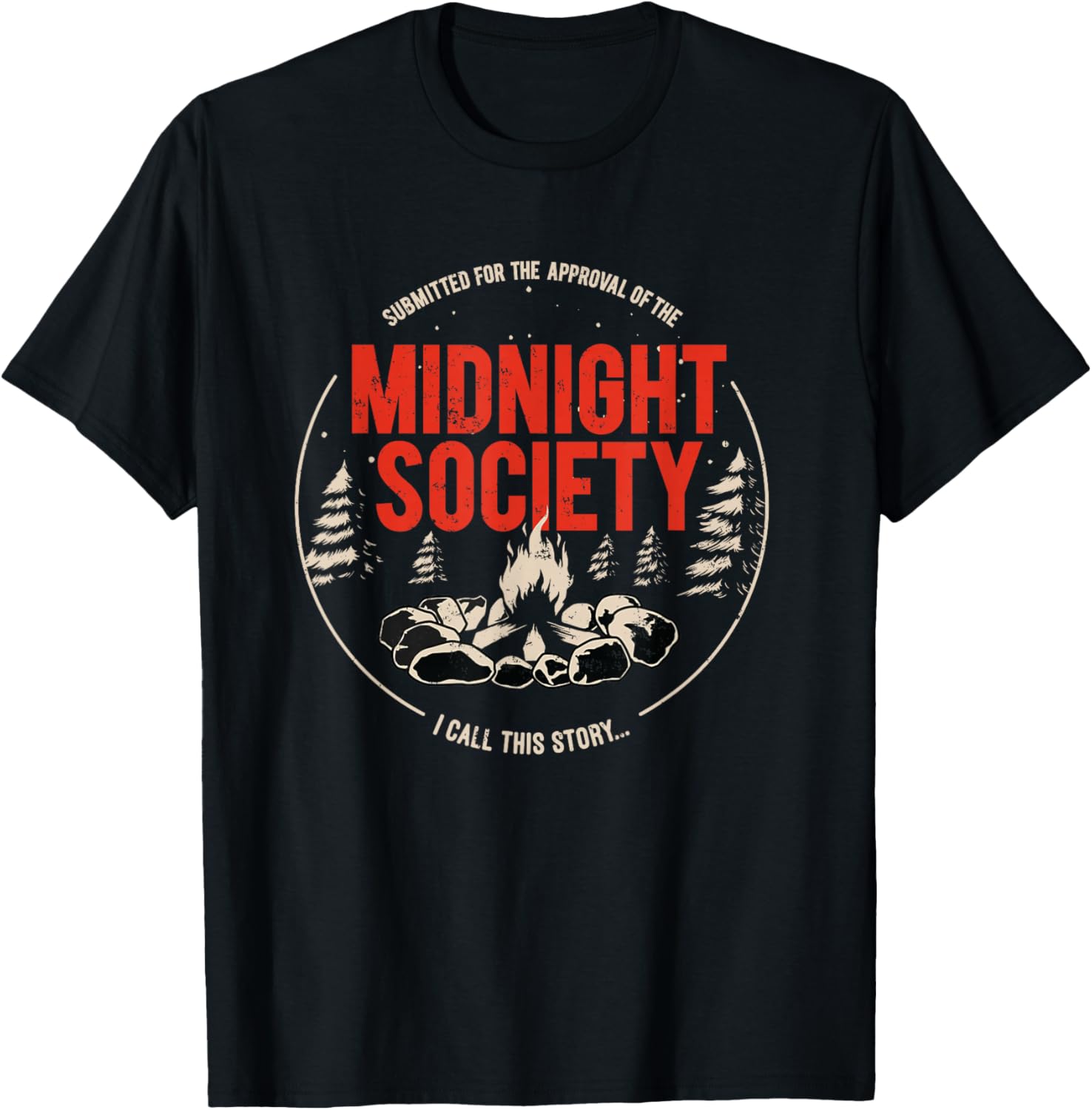 Midnight Society Red Text Campfire T-Shirt for Casual Outdoor Fun - 10