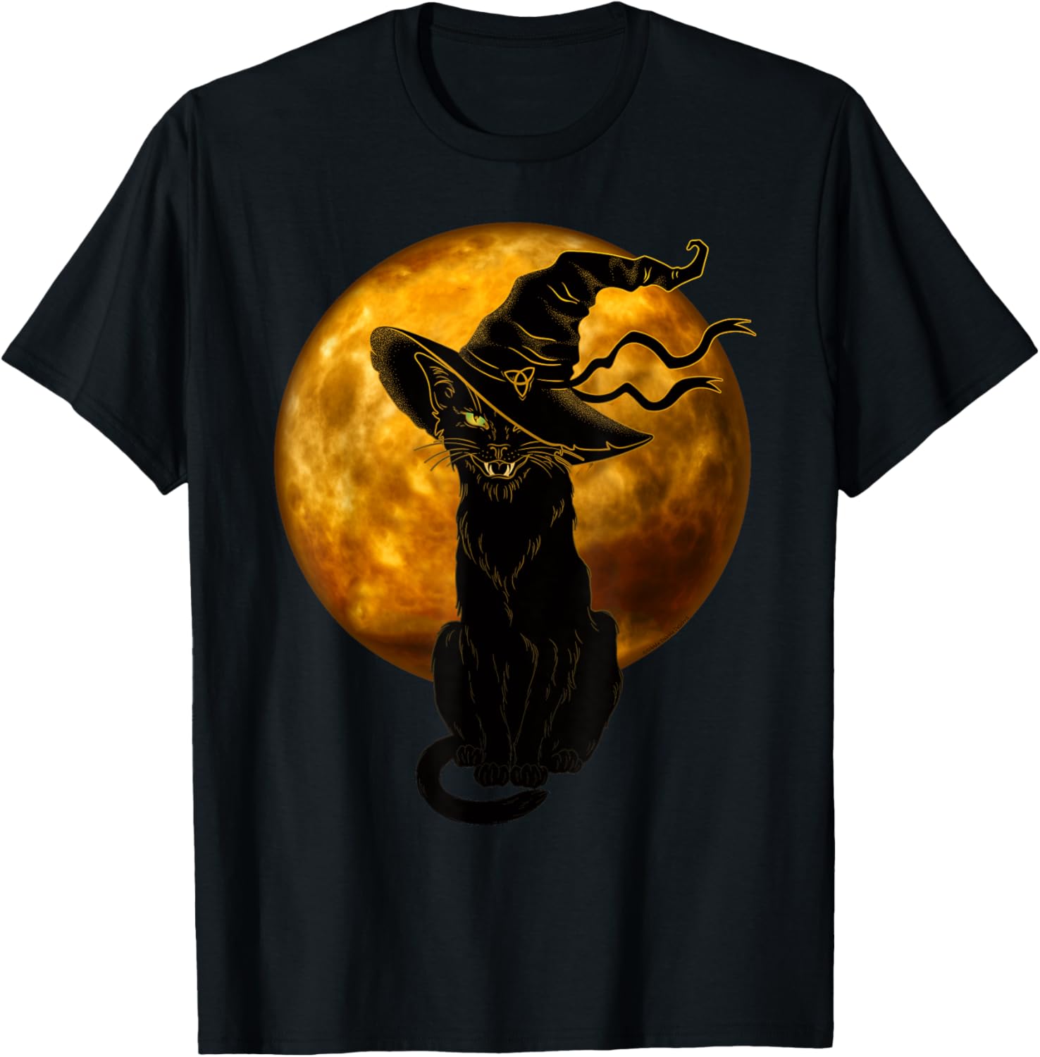 Vintage Black Cat in Witch Hat Full Moon Halloween T-Shirt for Fun Celebrations - 6