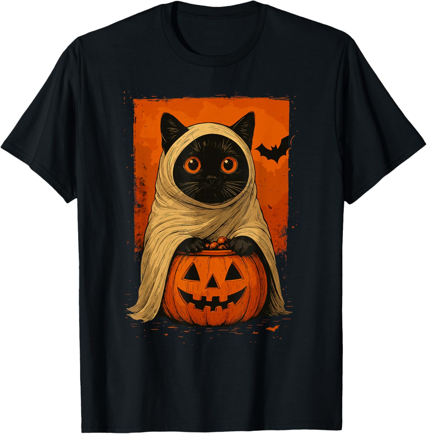 Funny Vintage Black Cat Halloween Pumpkin Ghost Women's T-Shirt - 1