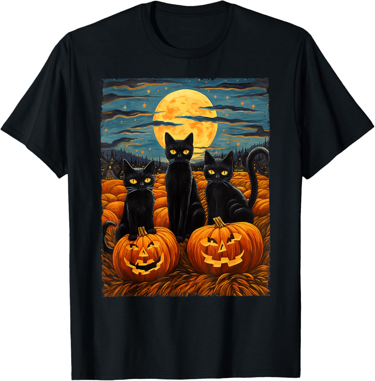 Black Cat Halloween Van Gogh Starry Night T-Shirt for Cat Lovers - 1