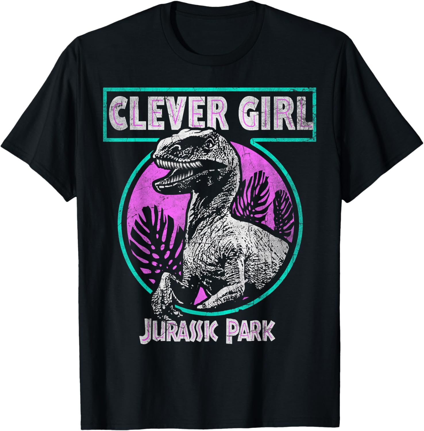 Jurassic Park Raptor Clever Girl Distressed Teal Short Sleeve T-Shirt - 4