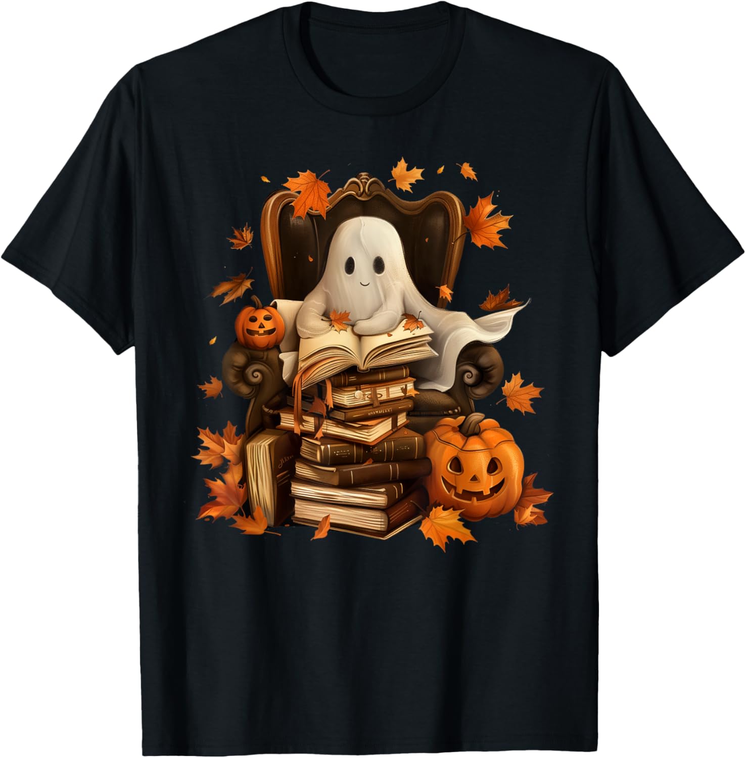 Vintage Ghost Book Pumpkin T-Shirt for Halloween Loving Teachers - 1