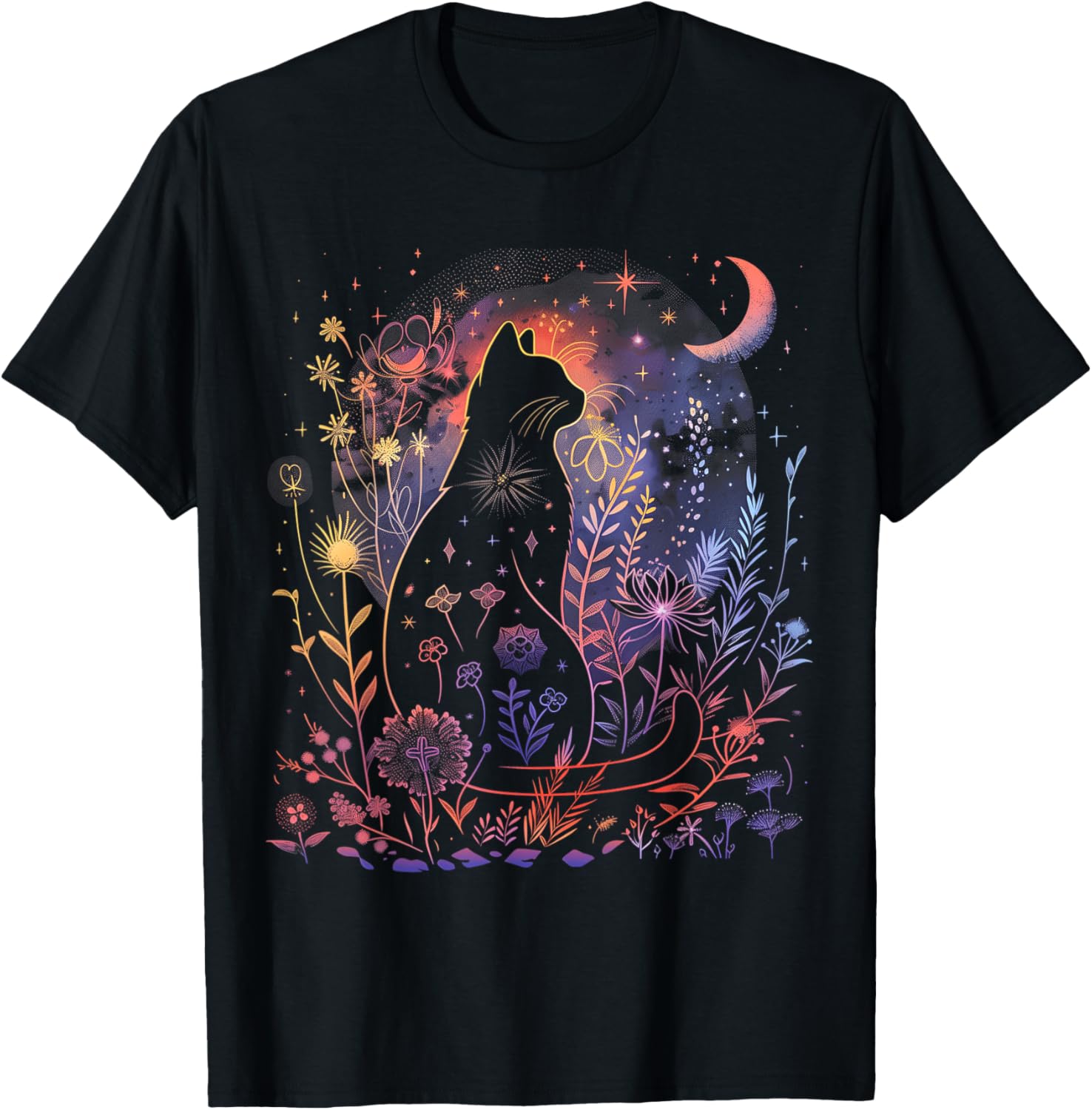 Mystical Black Cat Halloween T-Shirt for Women and Girls - Cat Lover Style - 1