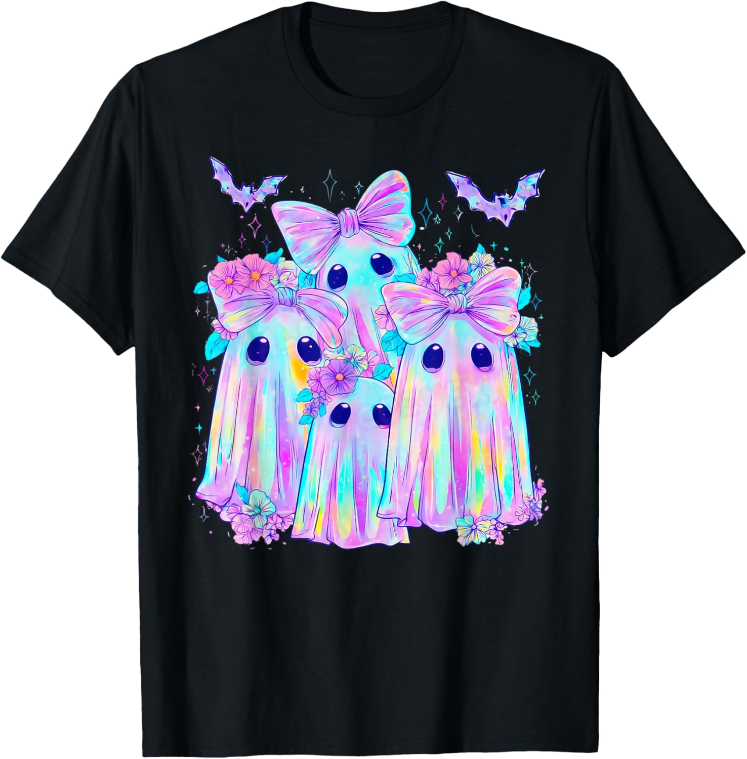 Pastel Galaxy Ghost Halloween Girl T-Shirt with Cute Bow for Kids - 1