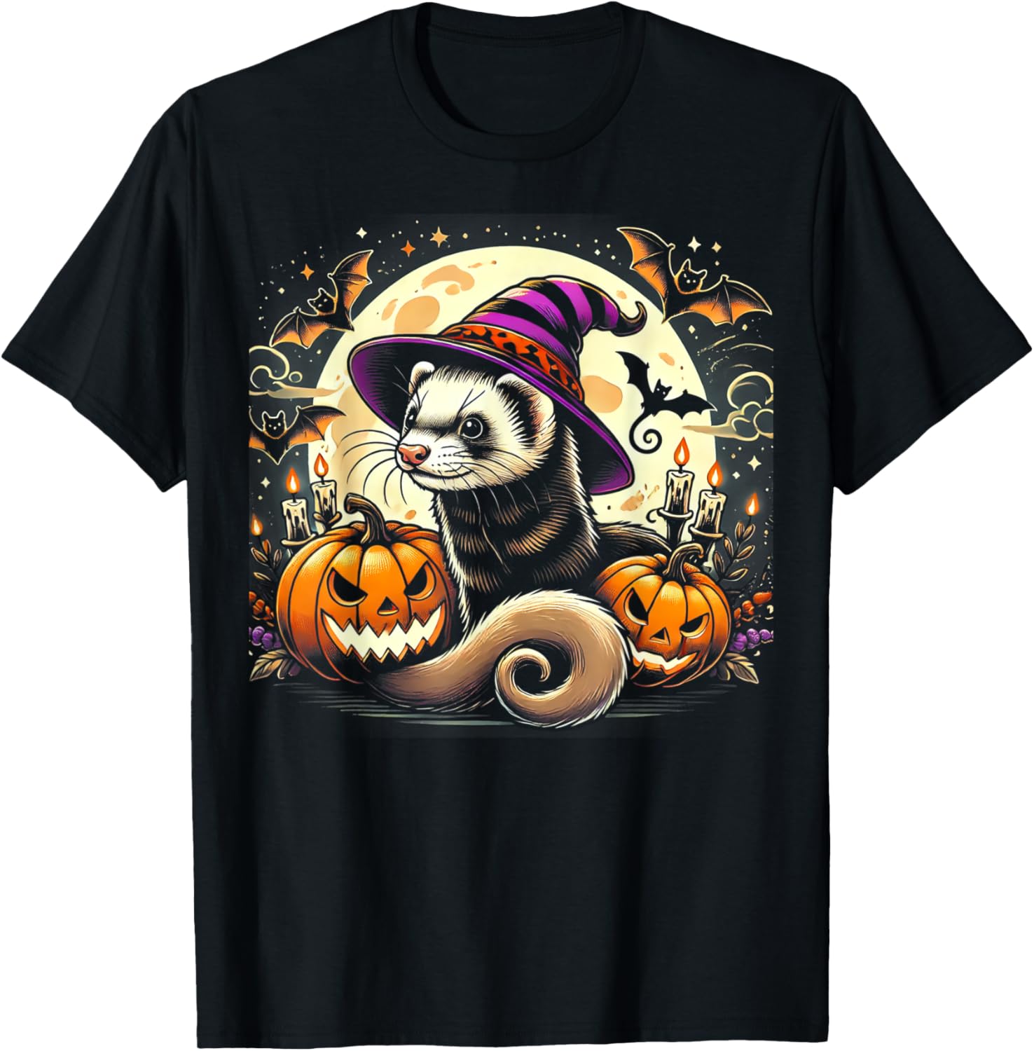 Ferret Witch Halloween T-Shirt with Spooky Pumpkin and Bats Design - 4