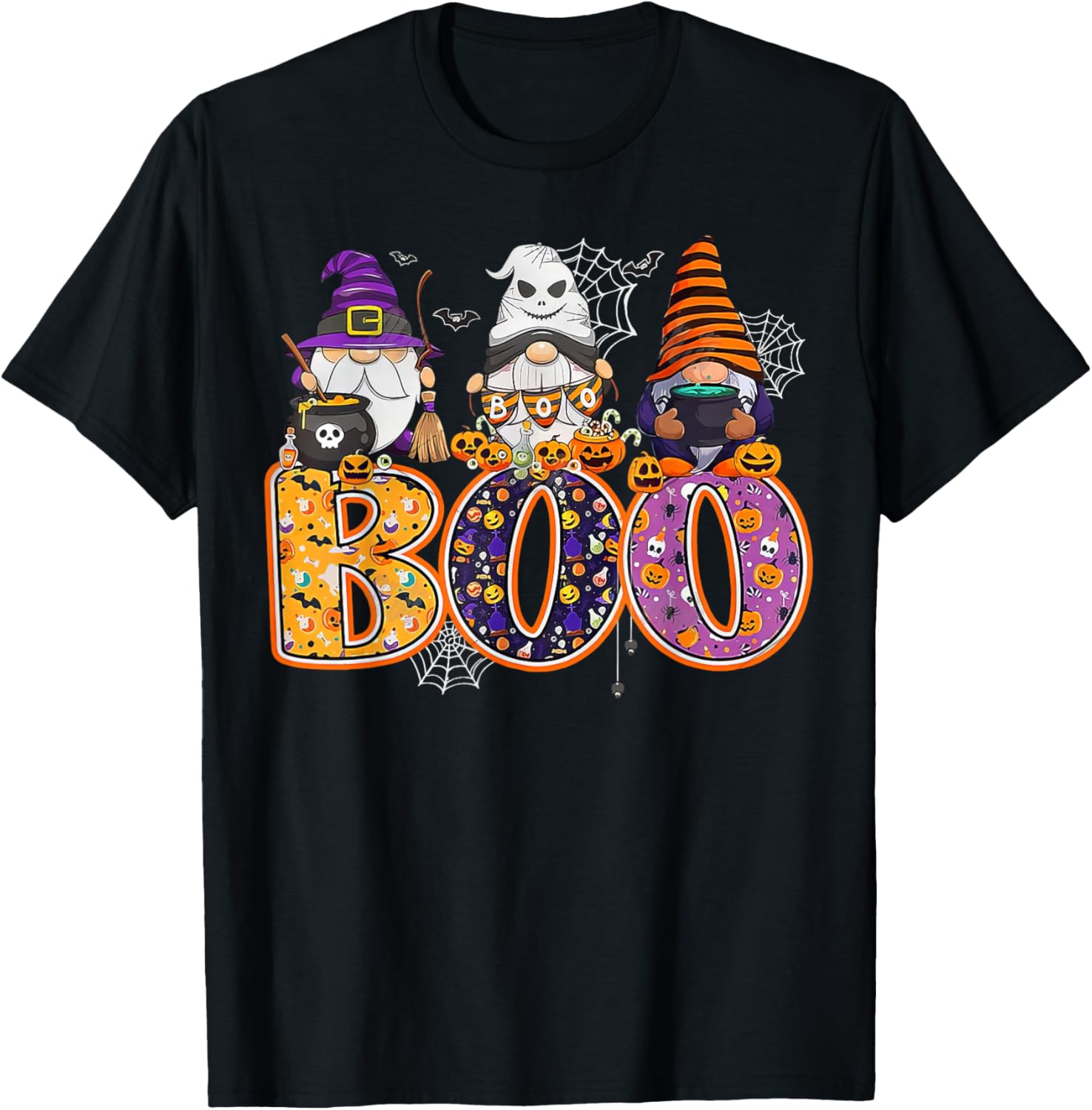 Funny Halloween Gnome T-Shirt with Boo Witch Pumpkins and Spiders - 16