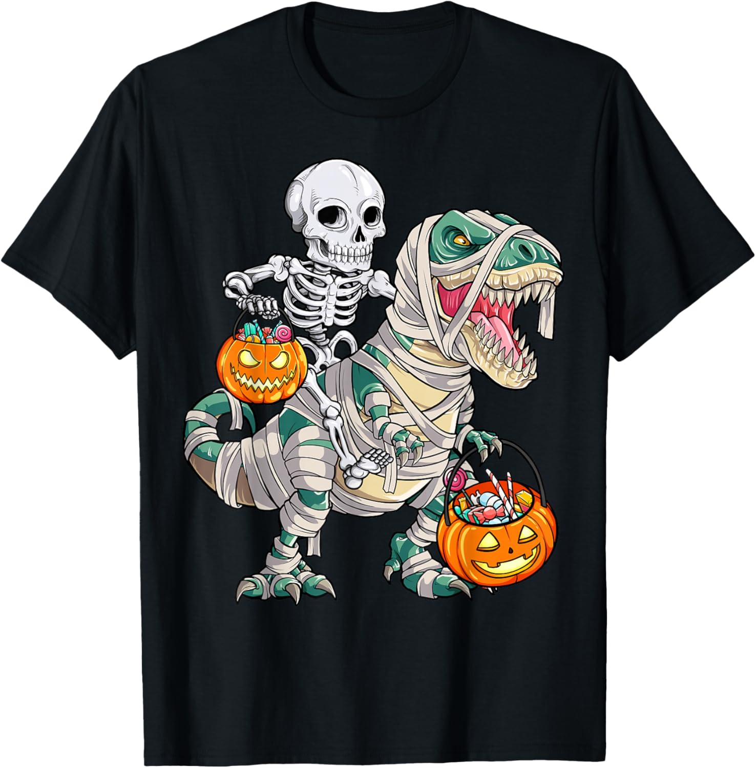 Funny Skeleton Riding T-Rex Mummy Pumpkin Halloween T-Shirt for Kids - 1