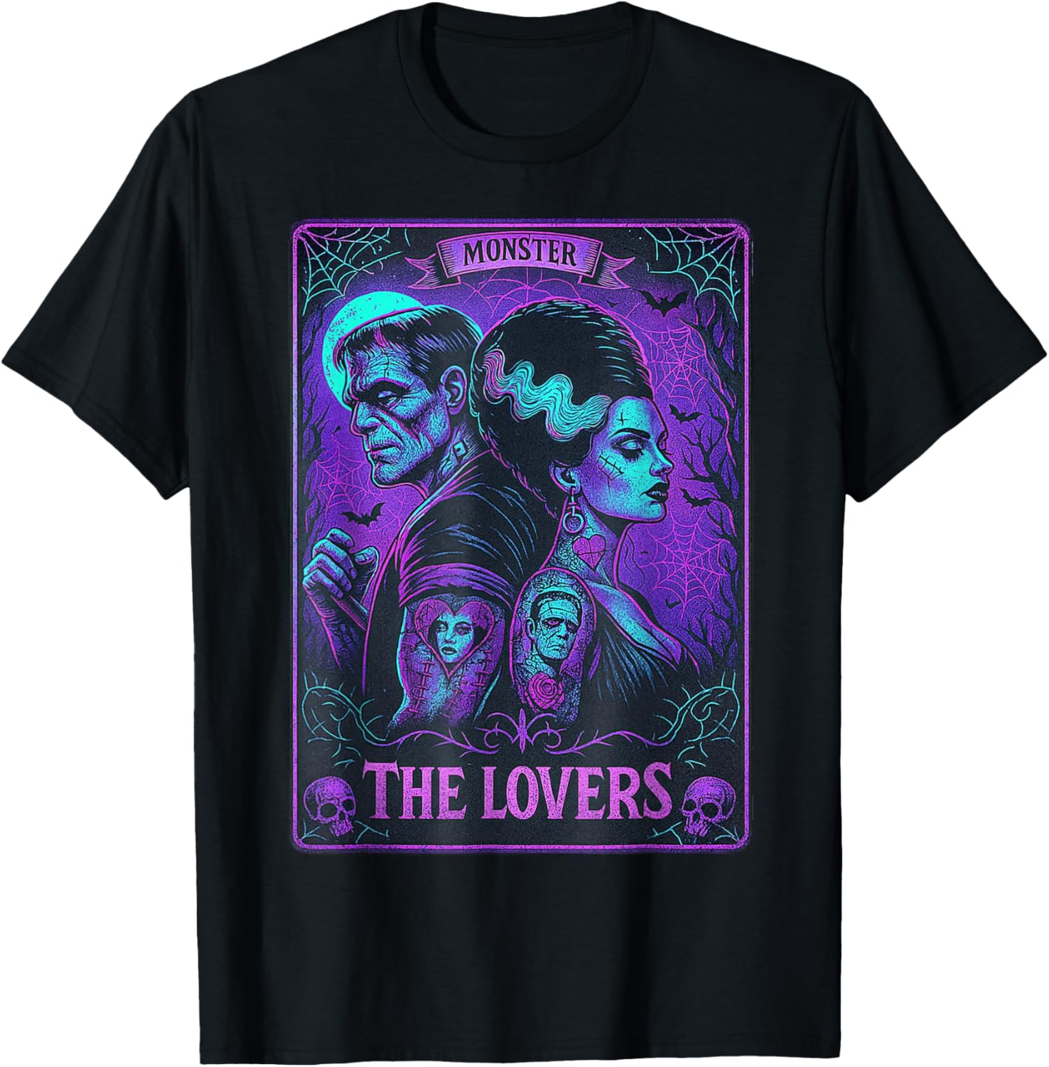 Monster Frankenstein and Bride Lovers Tarot Card T-Shirt for Fans - 4