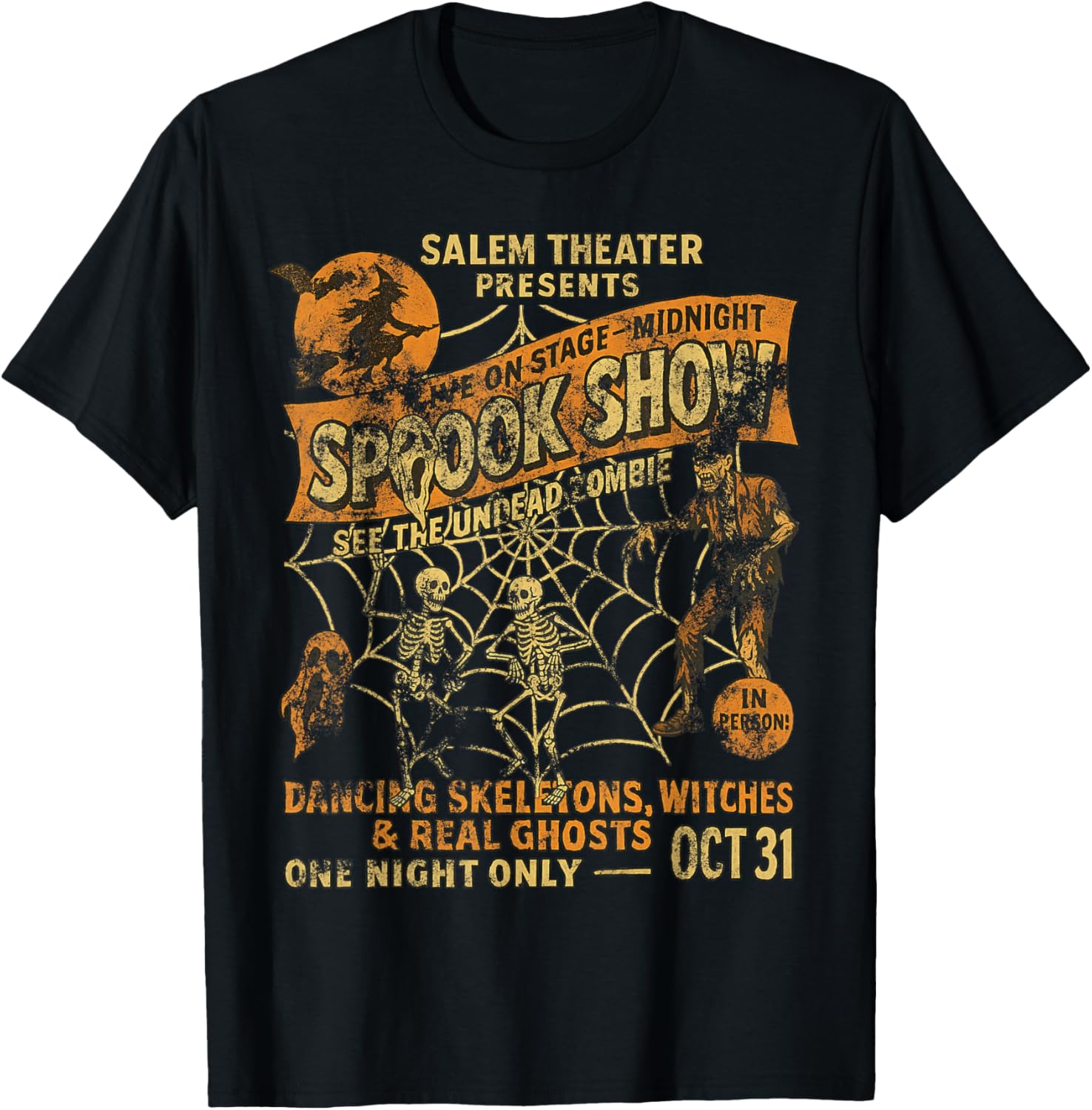 Vintage Halloween T-Shirt with Witch and Dancing Skeleton Design - 1