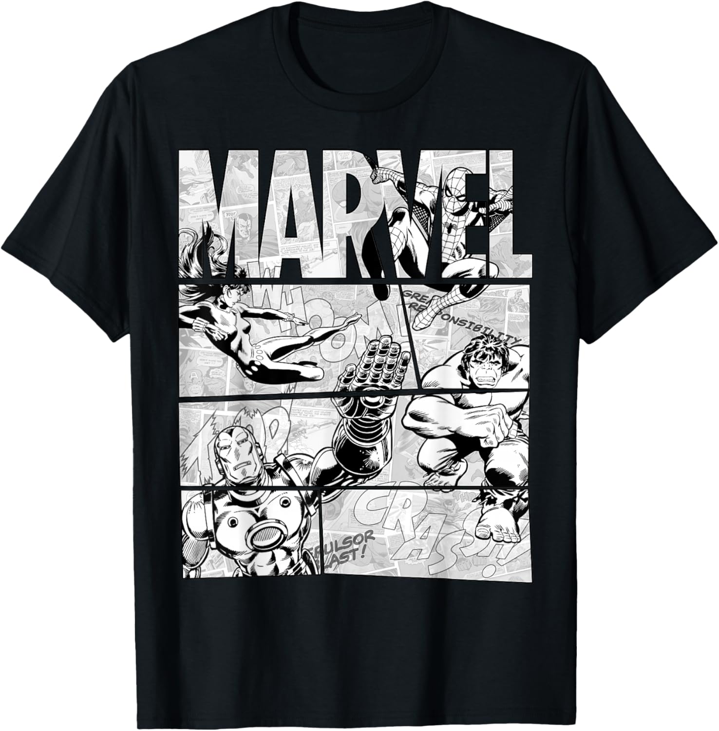 Marvel Avengers Retro Black and White Comic Graphic T-Shirt for Fans - 5
