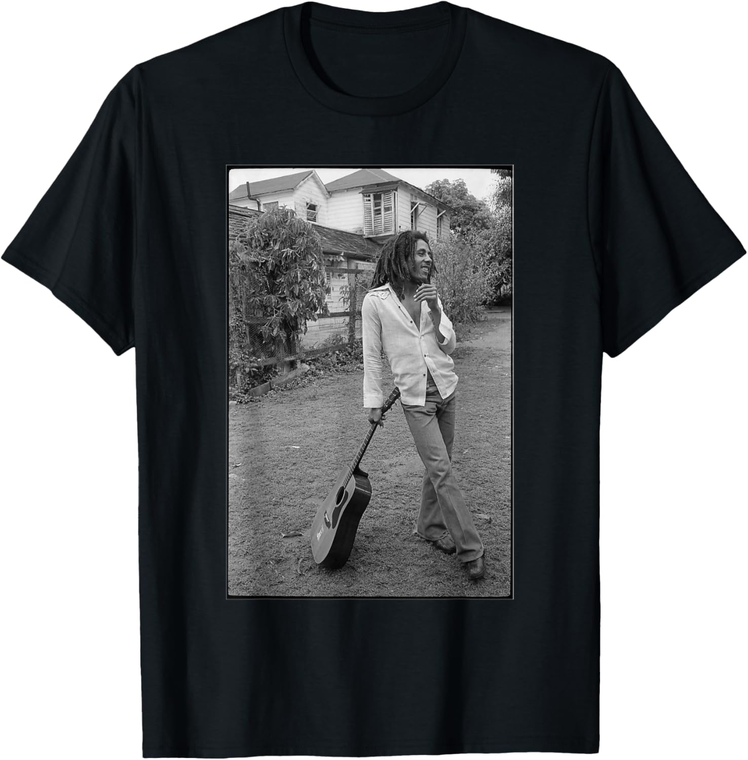 Bob Marley David Burnett Black and White Guitar Photo T-Shirt - 8