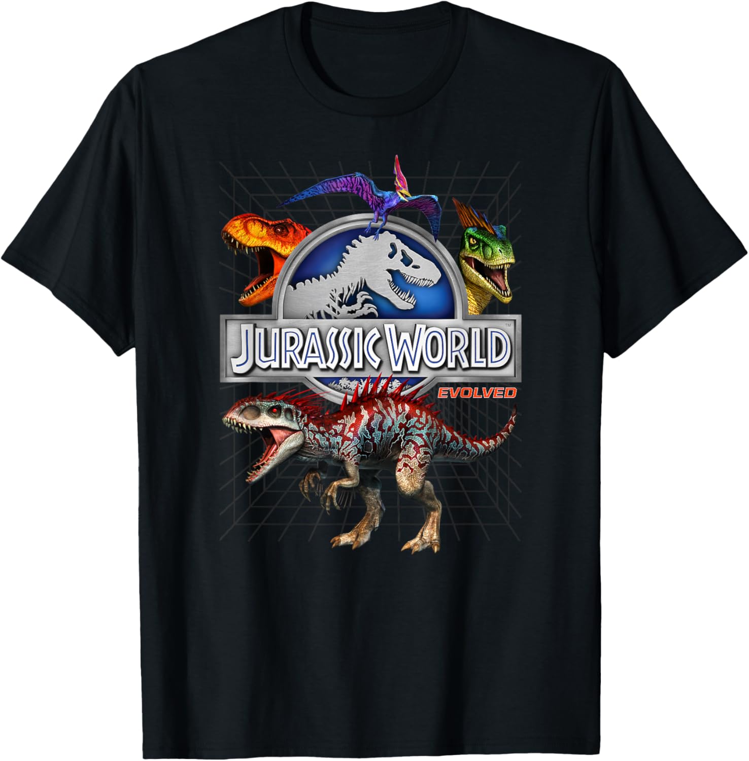 Jurassic World Evolved T-Rex Dino Grid T-Shirt for Kids and Adults - 3