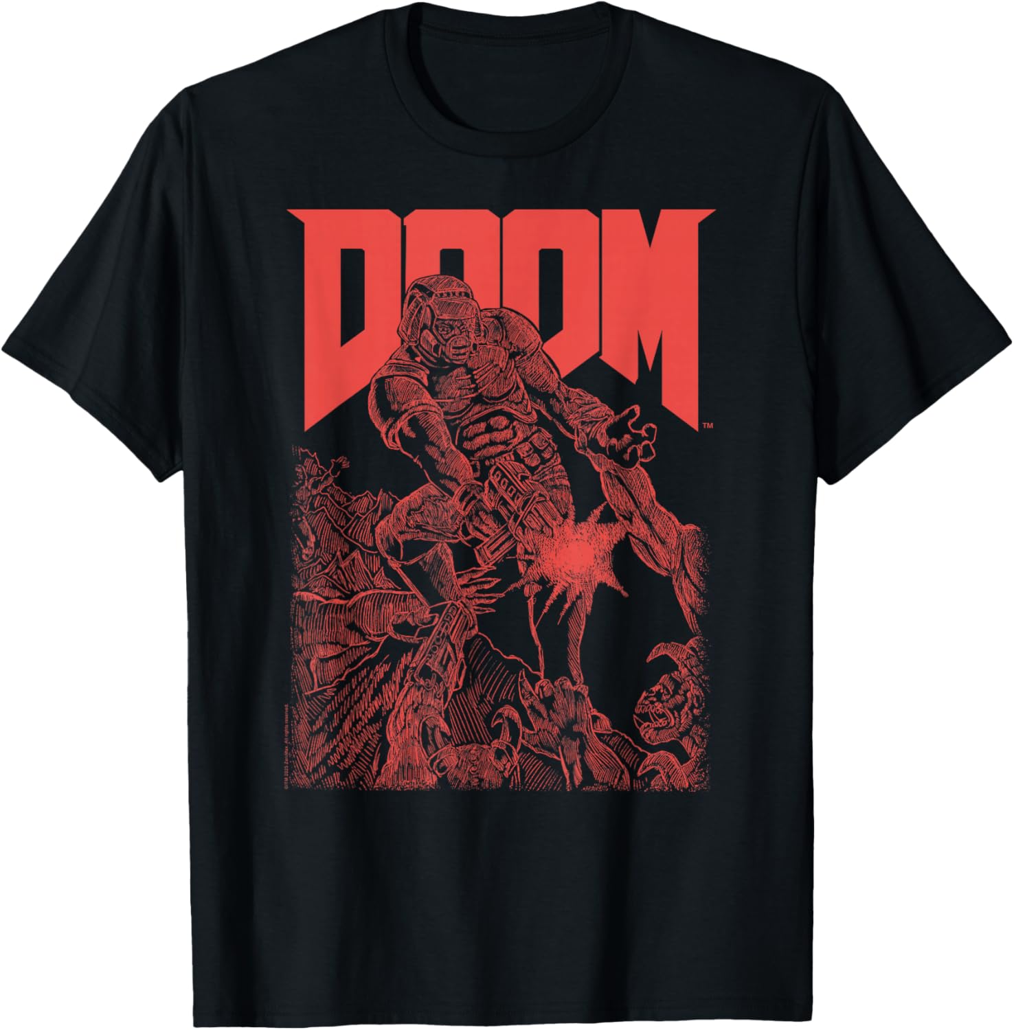 DOOM Retro Video Game T-Shirt with Red Sketched Cover Art for Gamers - 1