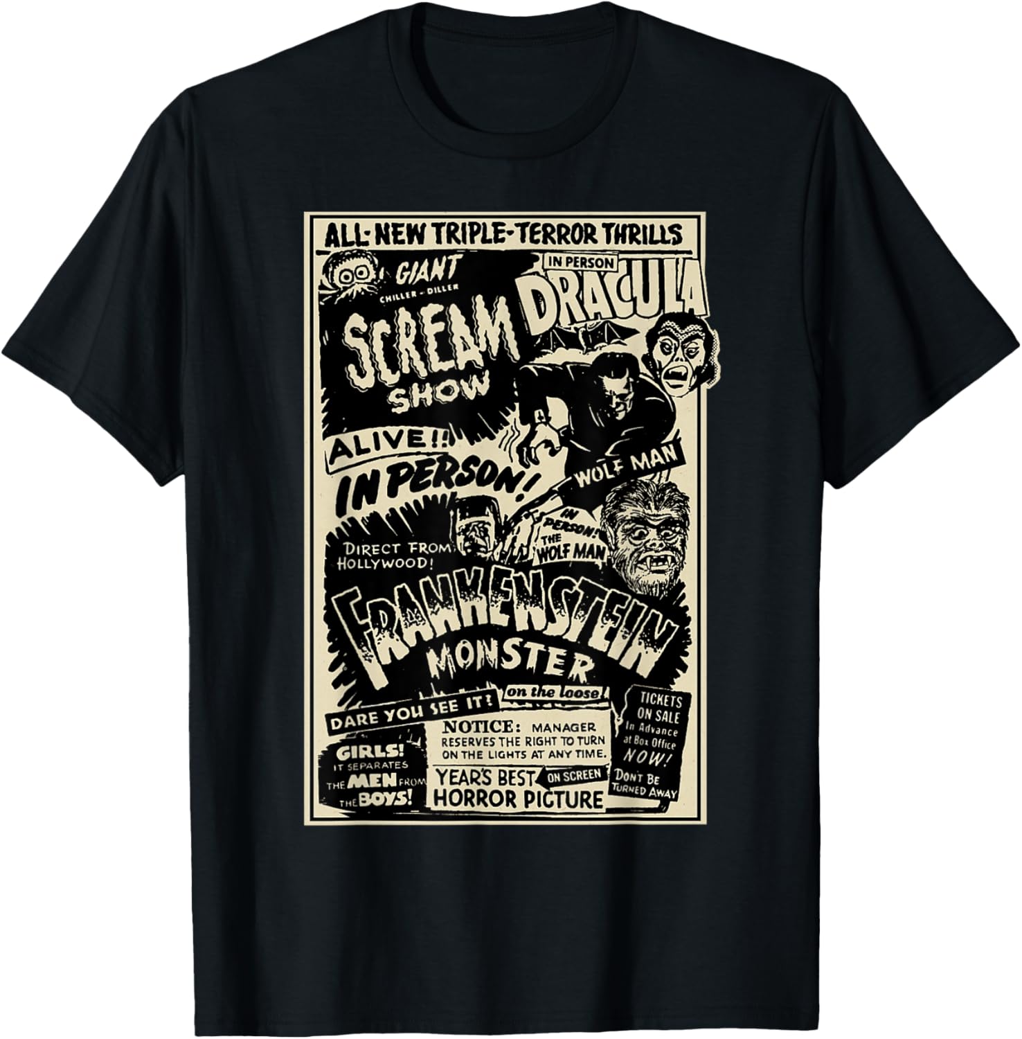 Horror Movie Monster T-Shirt featuring Mummy, Dracula, Werewolf, Frankenstein - 1