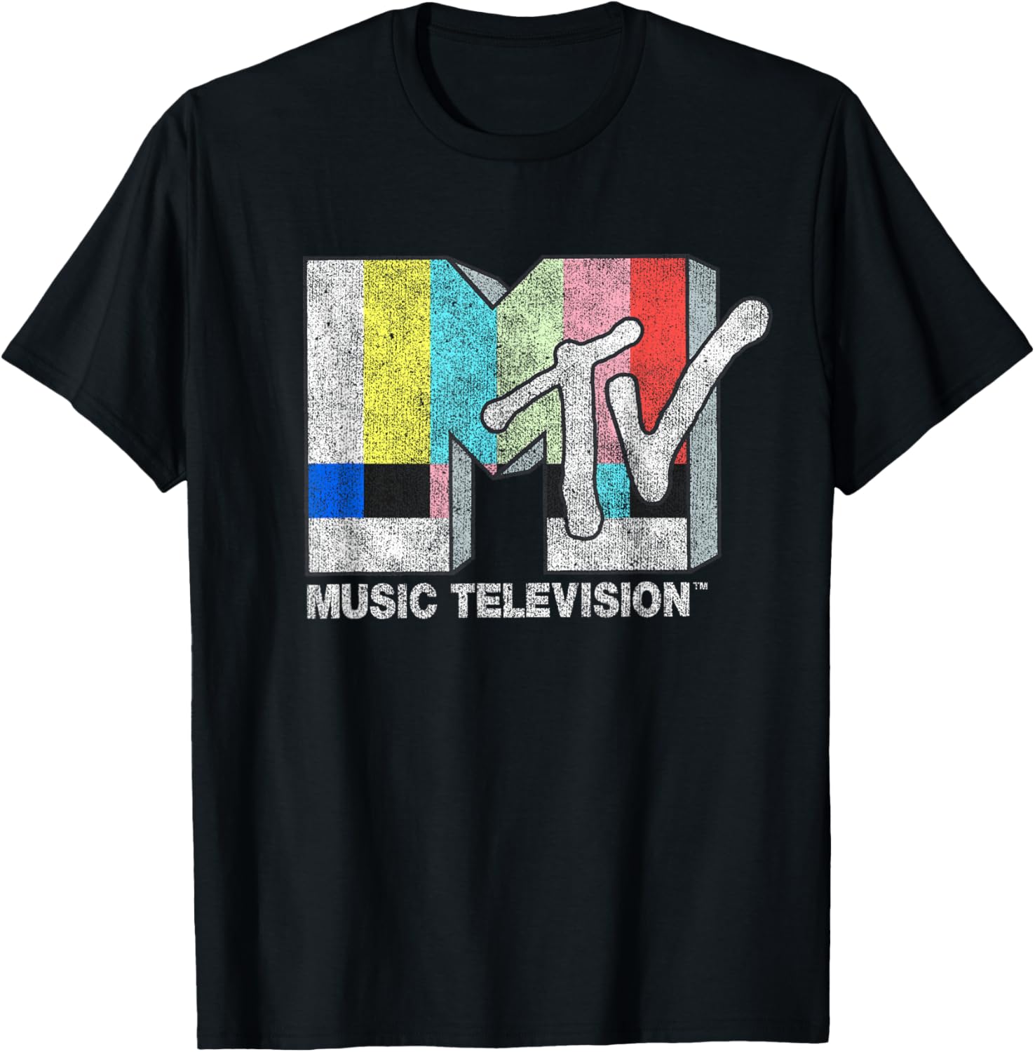 MTV Classic Fit Black T-Shirt with Vintage TV Signal Logo for Adults - 7