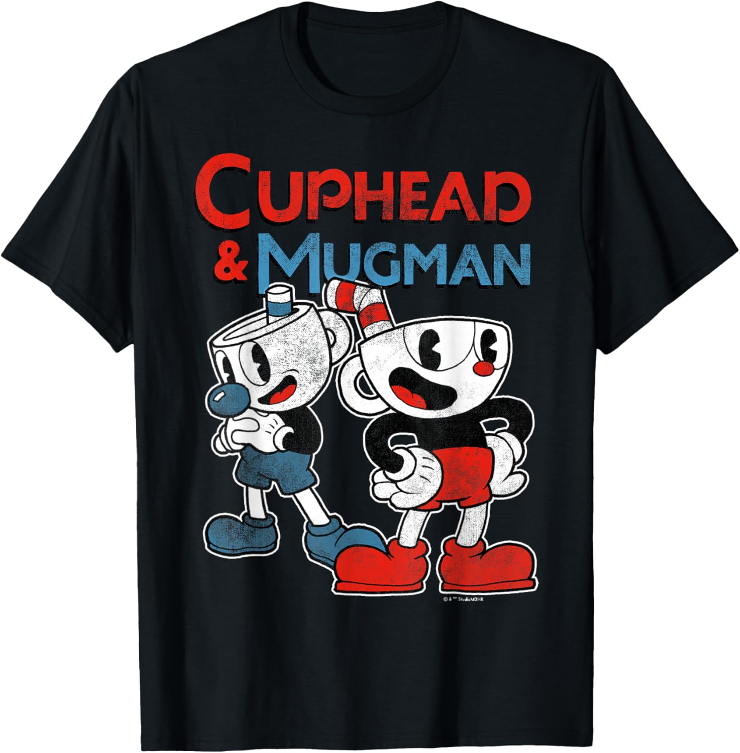 Cuphead and Mugman Black Classic Fit T-Shirt for Adults - Short Sleeve Crew Neck - 5