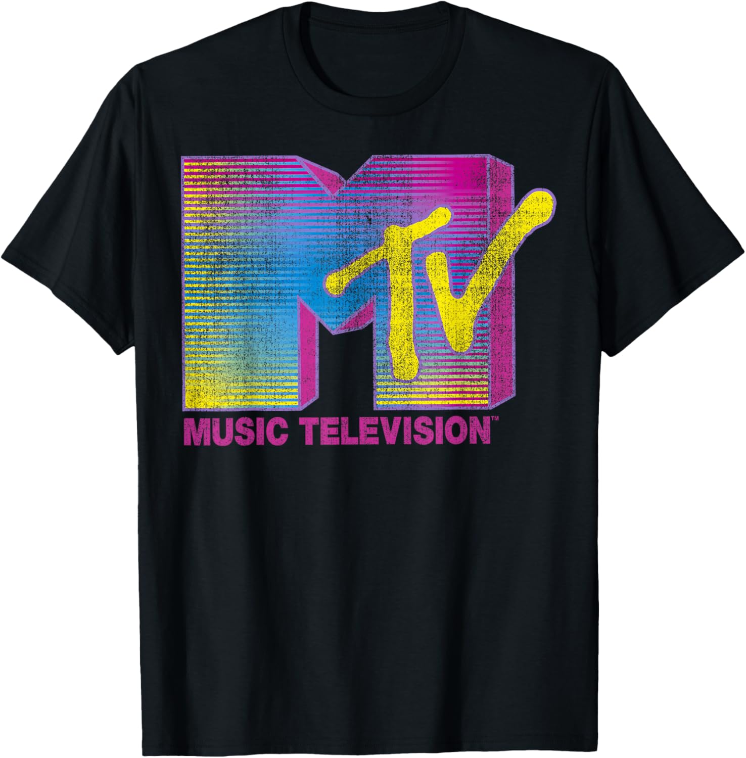 MTV Distressed Fluorescent Logo Crew Neck T-Shirt for Adults in Black - 7