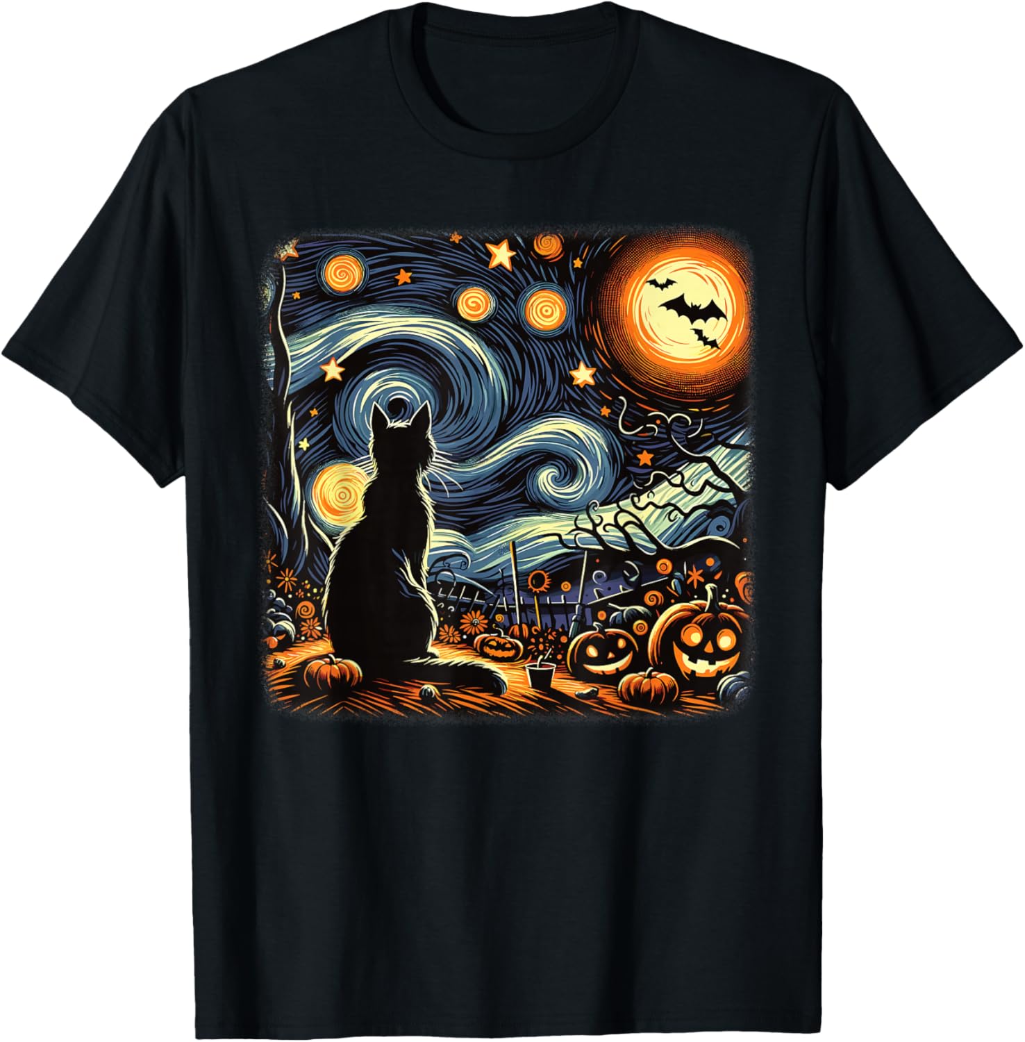 Halloween Black Cat Van Gogh Starry Night T-Shirt for Cat Lovers - 1