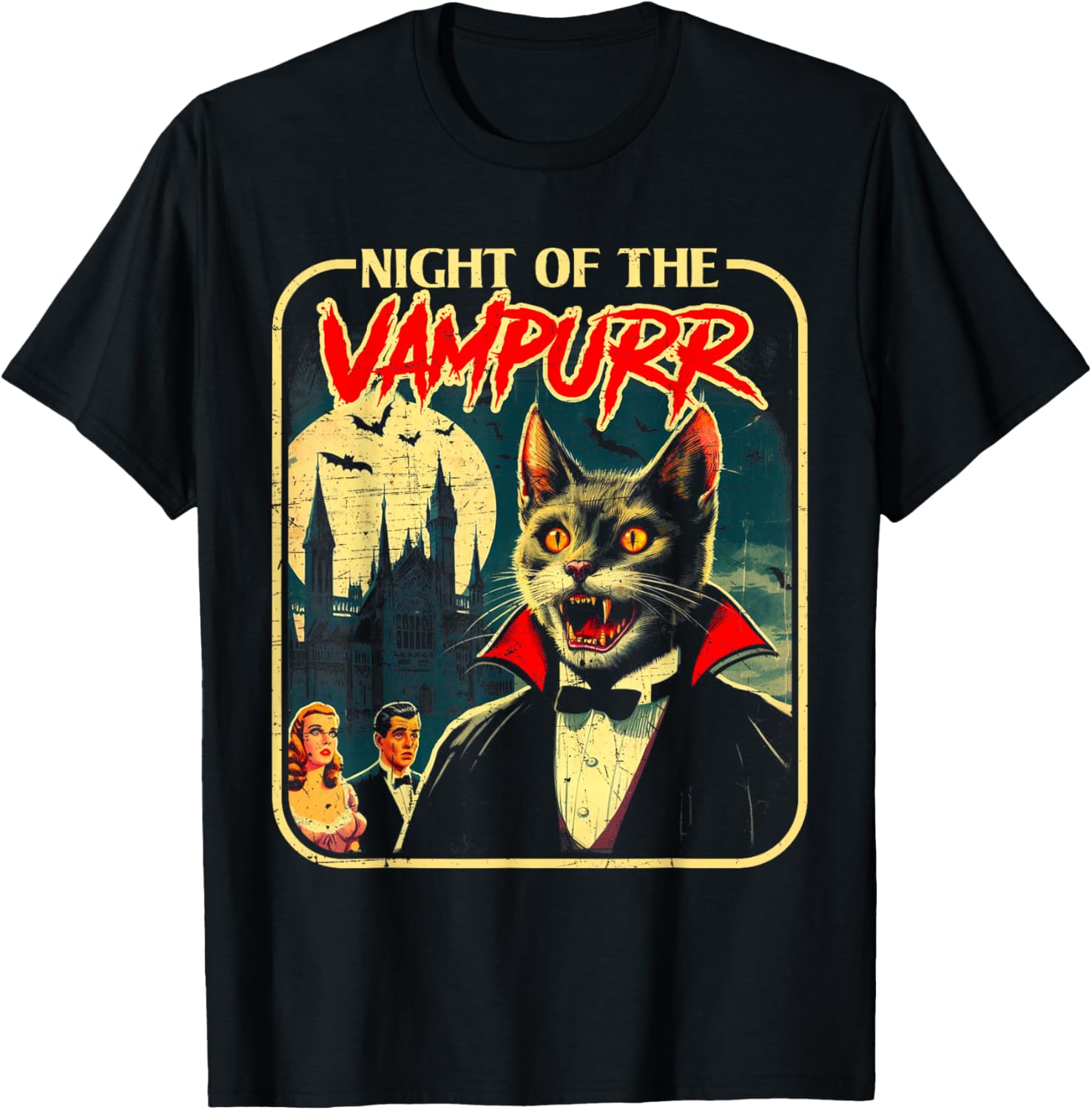 Funny Cat Halloween T-Shirt Night of the Vampurr Cute and Comfy Apparel - 1