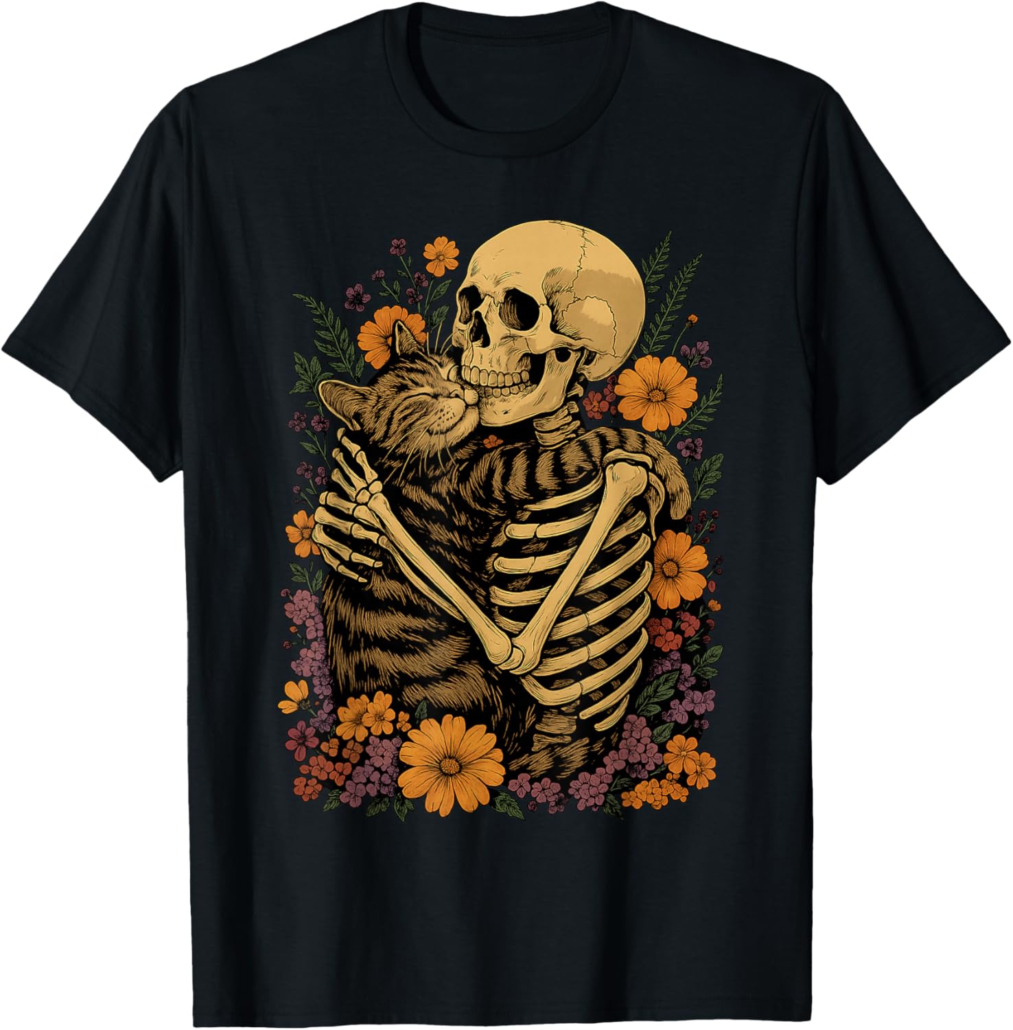 Cute Skeleton Hugging Cat Floral Halloween T-Shirt for Cat Lovers - 13