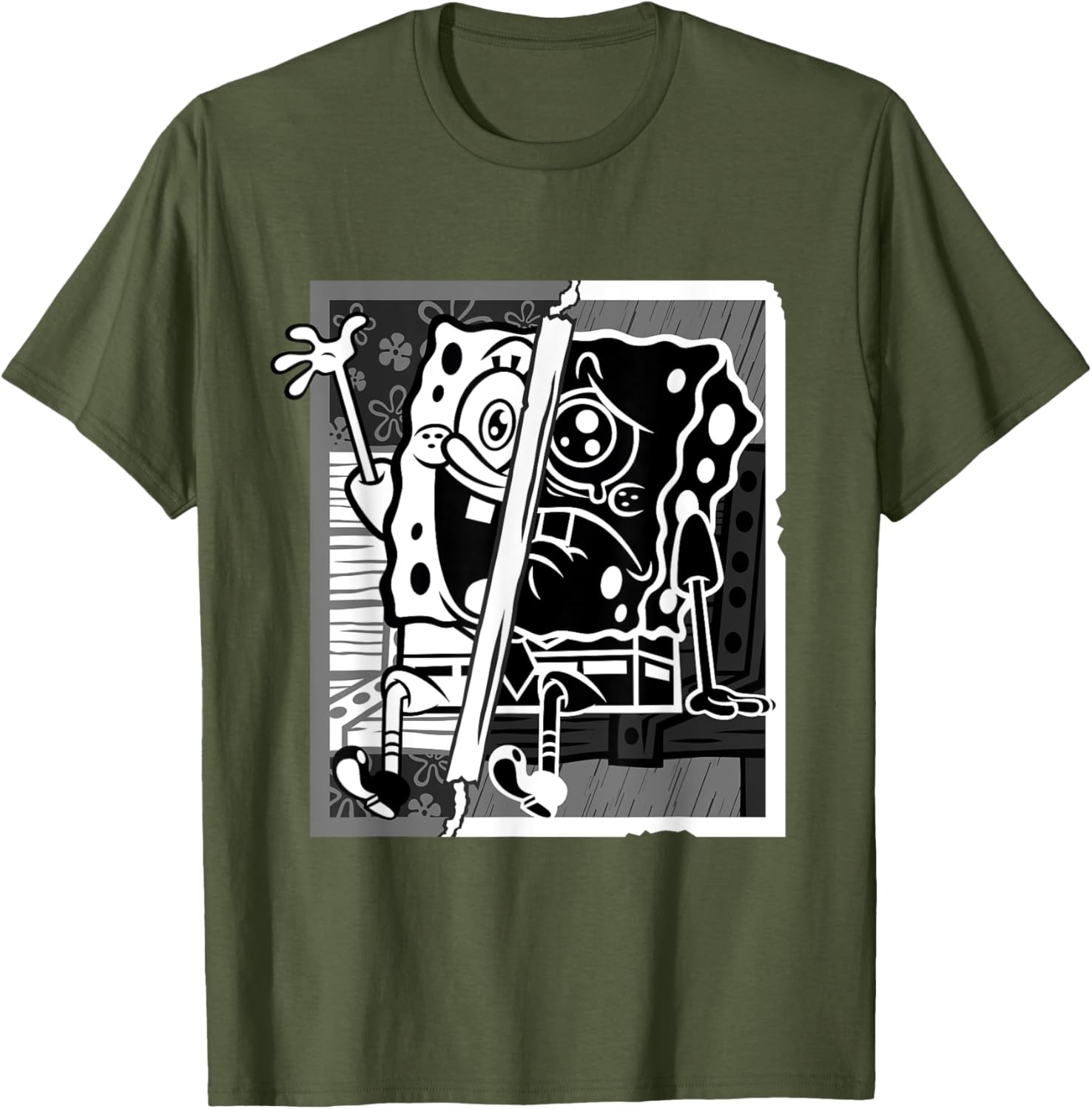 Mademark SpongeBob Black and White Happy Sad Artline T-Shirt for Fans - 5