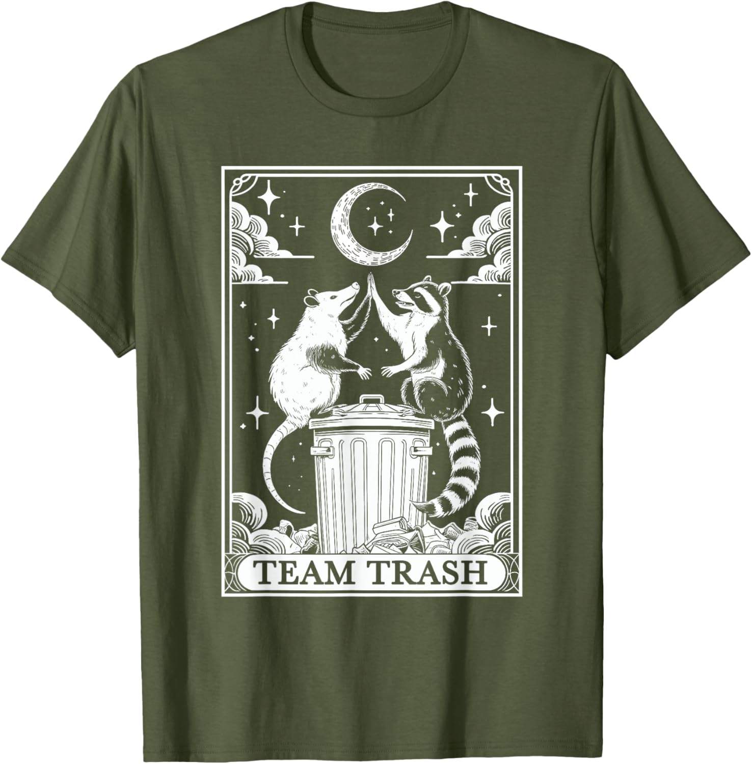 Vintage Tarot Card Team Trash T-Shirt with Crescent Moon Opossum Raccoon - 17