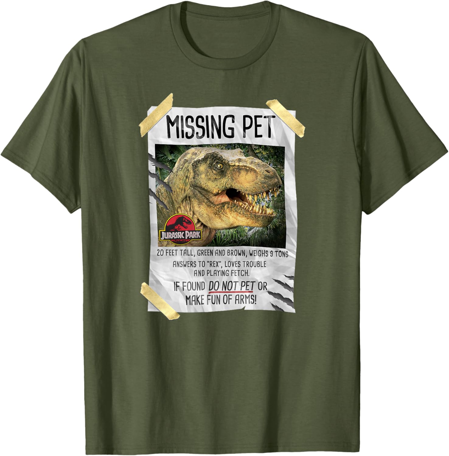 Jurassic Park T-Rex Missing Pet Taped T-Shirt for Dino Lovers - 1