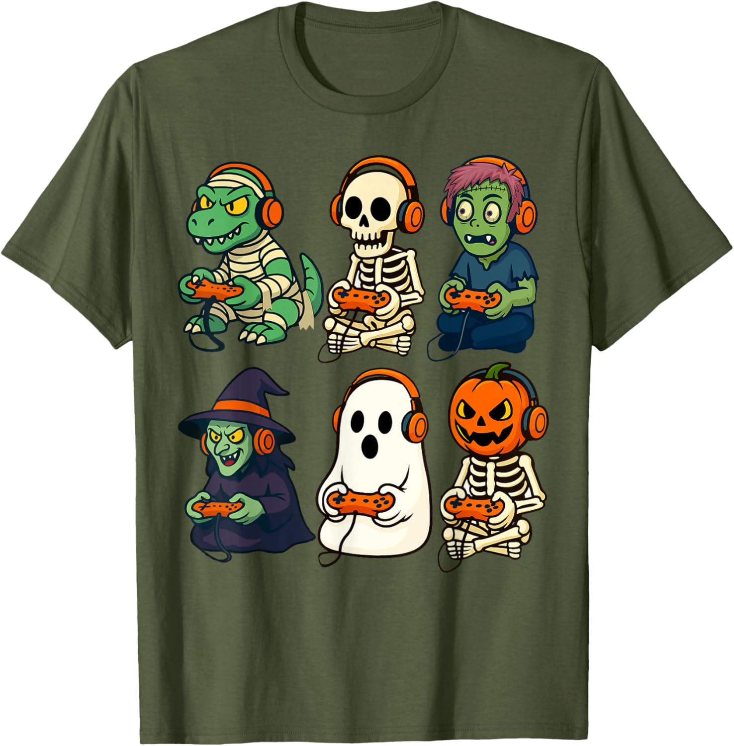 Halloween Boys Gamer T-Shirt with Dinosaur Skeleton and Witch Design - 13