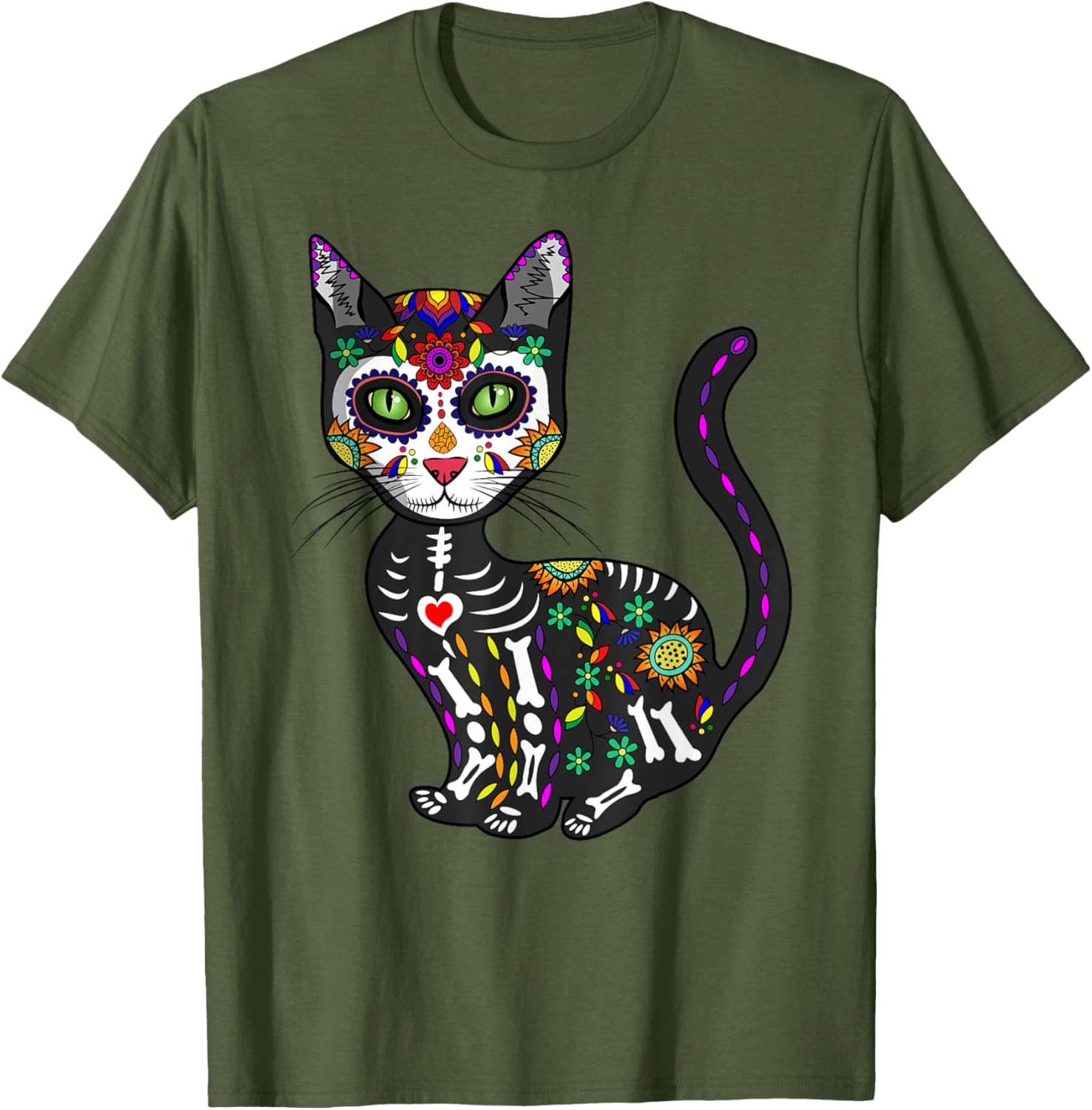 Cute Sugar Skull Cat T-Shirt for Halloween Day of the Dead Fun - 16