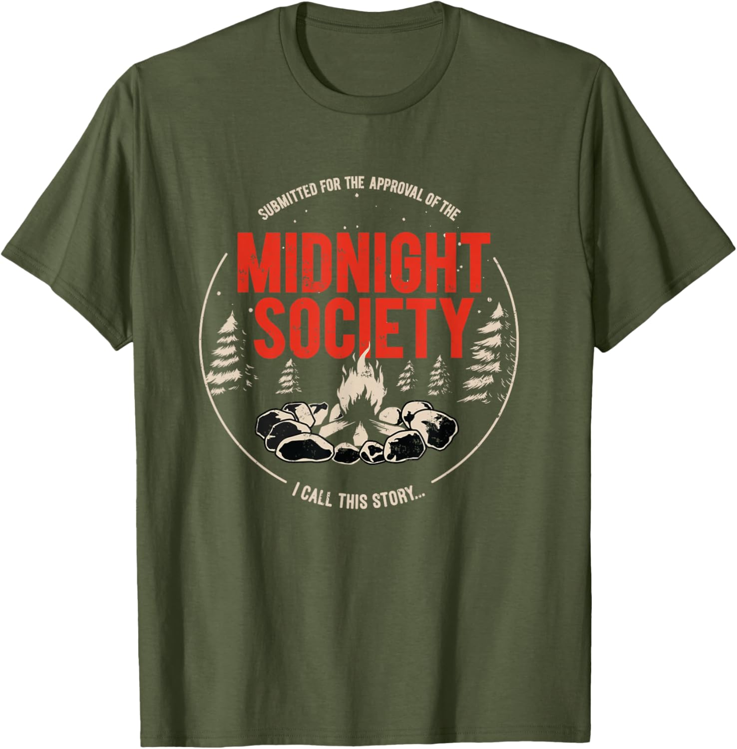 Midnight Society Red Text Campfire T-Shirt for Casual Outdoor Fun - 1