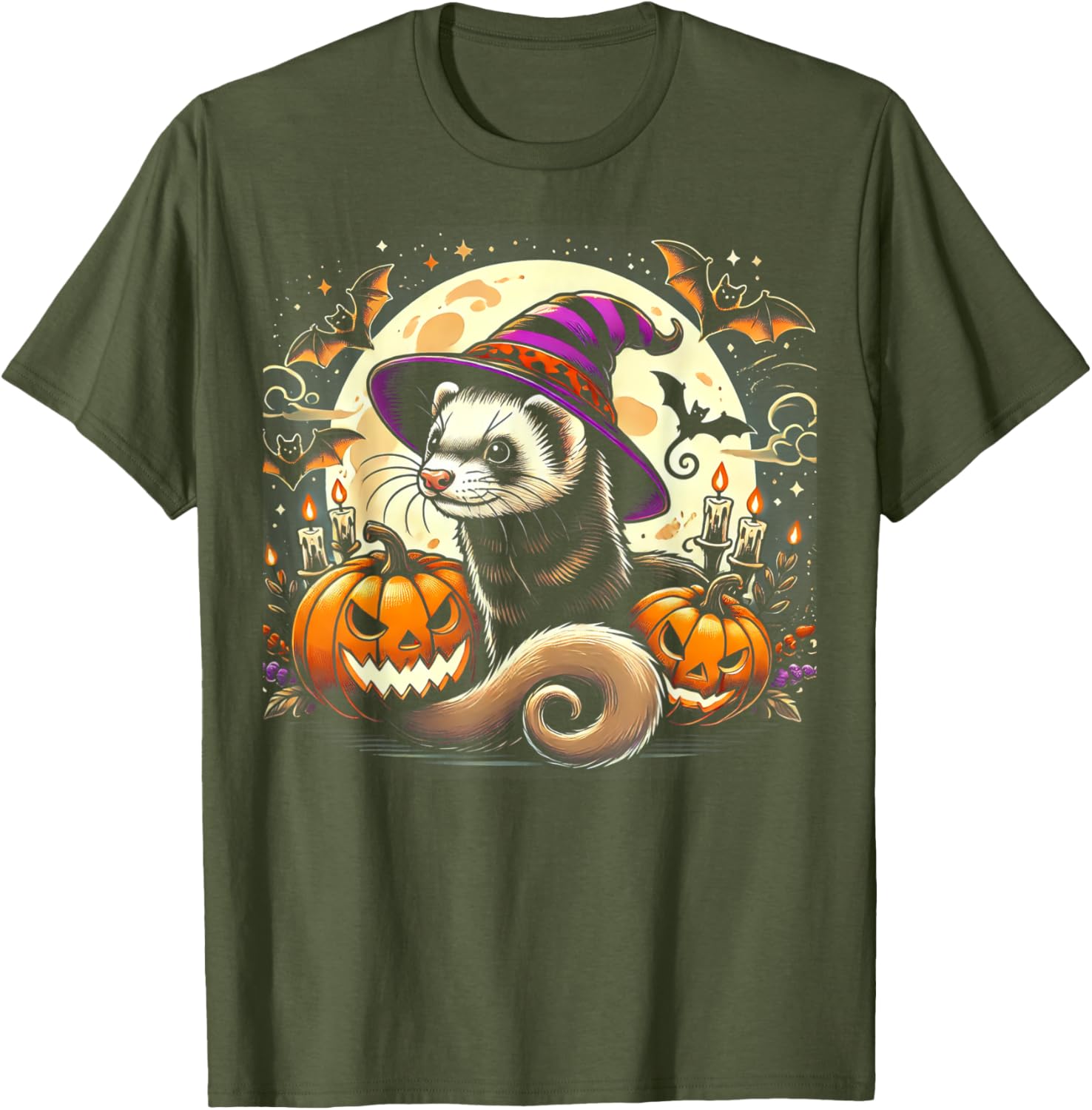 Ferret Witch Halloween T-Shirt with Spooky Pumpkin and Bats Design - 3