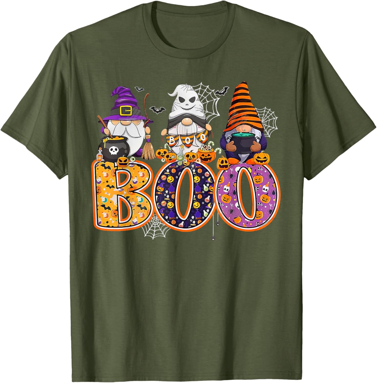 Funny Halloween Gnome T-Shirt with Boo Witch Pumpkins and Spiders - 15