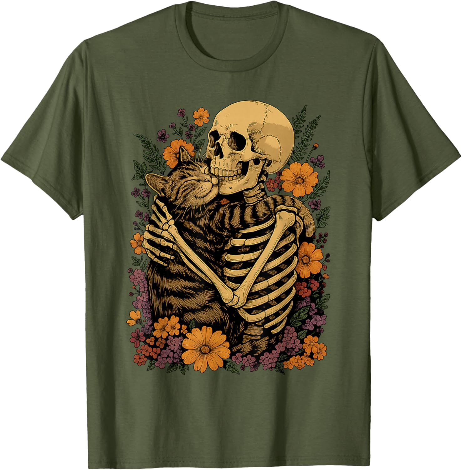 Cute Skeleton Hugging Cat Floral Halloween T-Shirt for Cat Lovers - 24