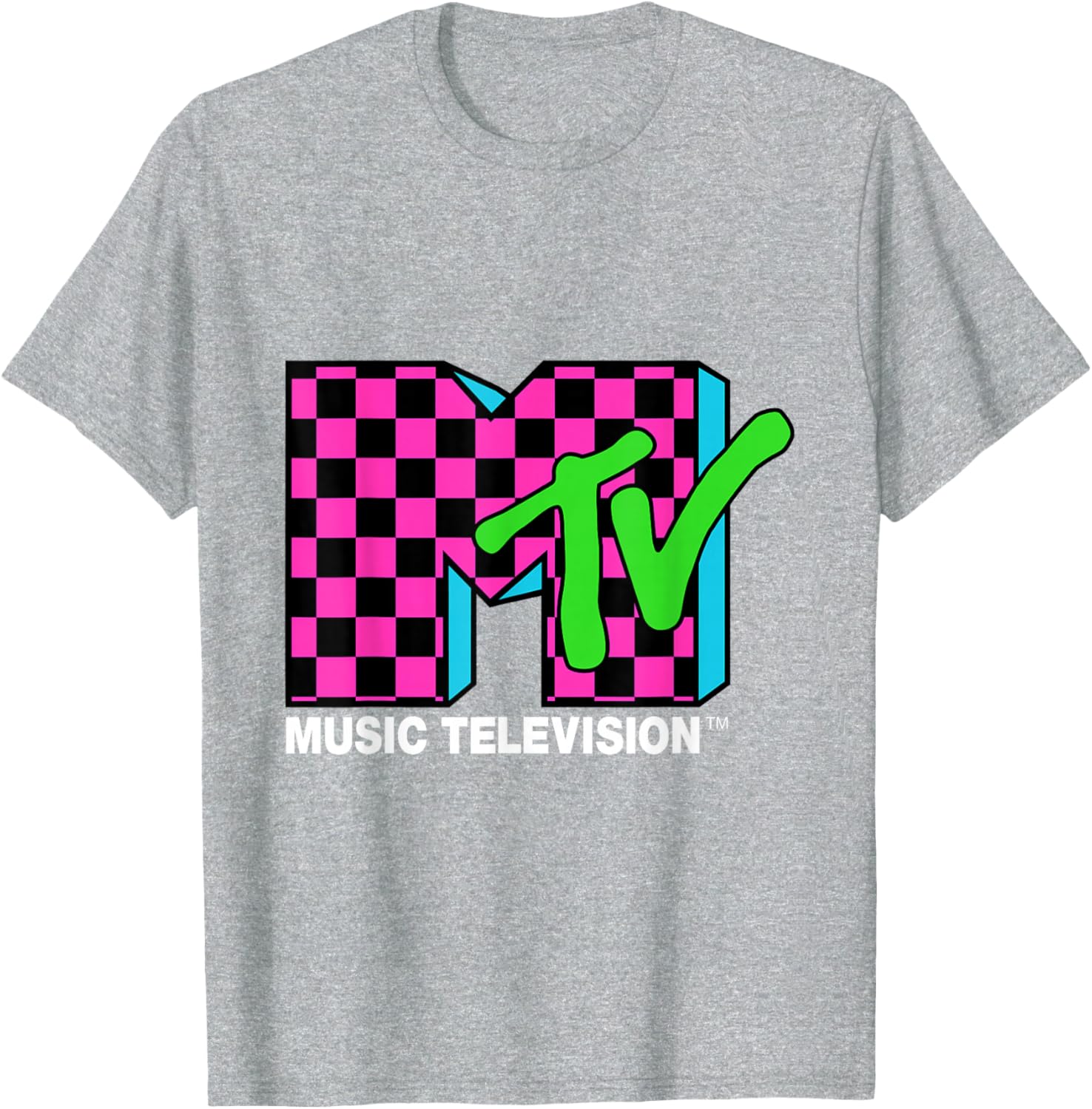 Classic MTV Logo T-Shirt with Pink and Blue Checker Design for Trendy Style - 1
