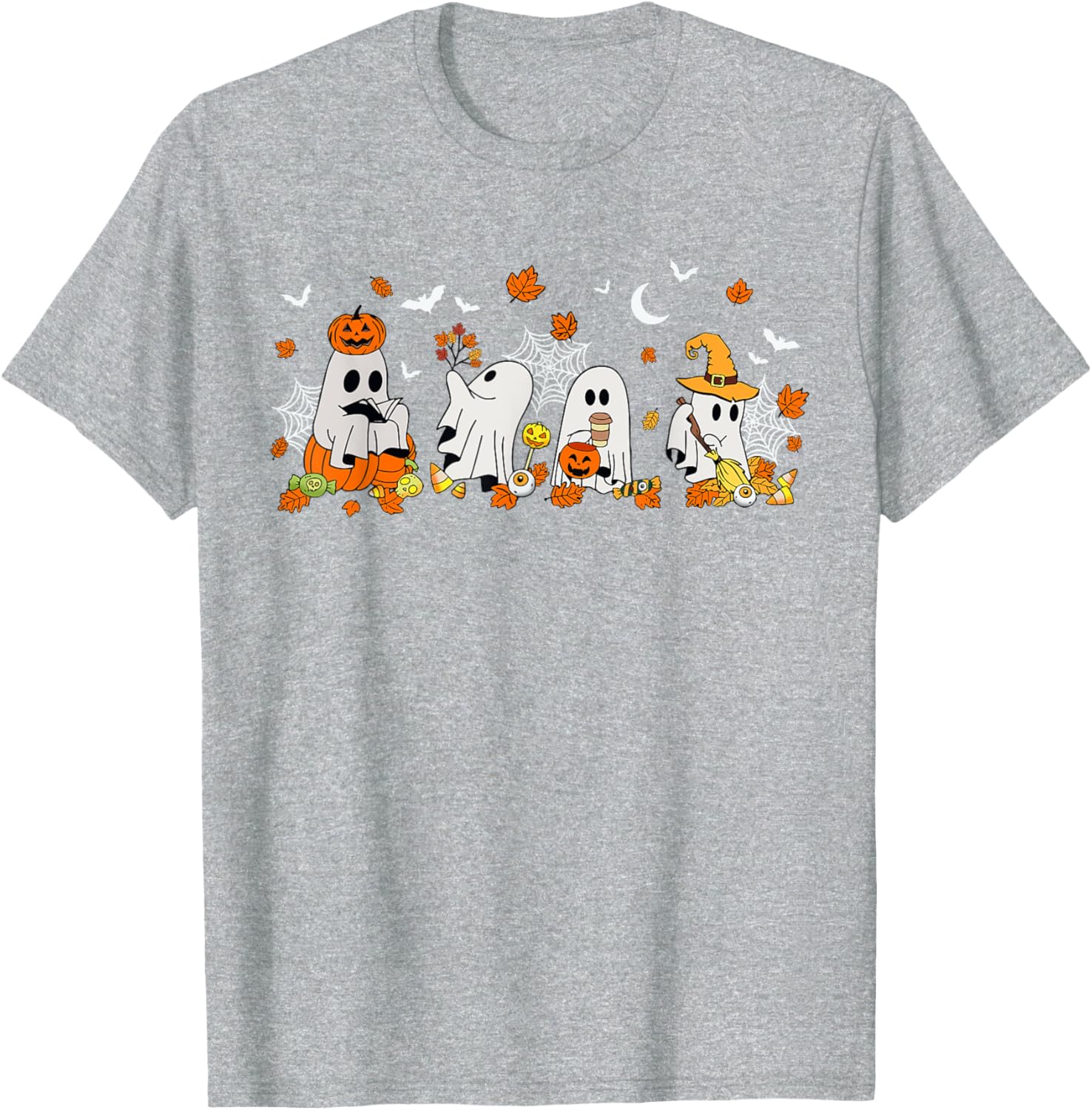 Cute Ghost Drinking Coffee Halloween Fall Book Reading T-Shirt for All - 1
