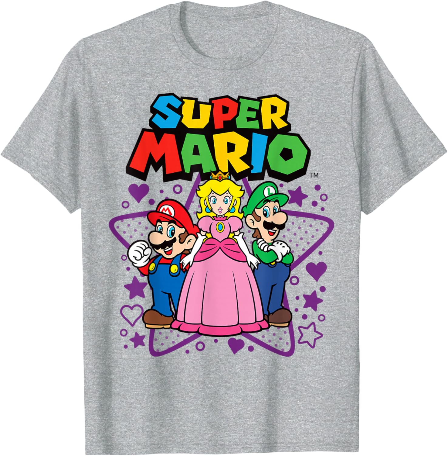 Super Mario Trio T-Shirt with Peach, Luigi, Stars, and Hearts Design - 1