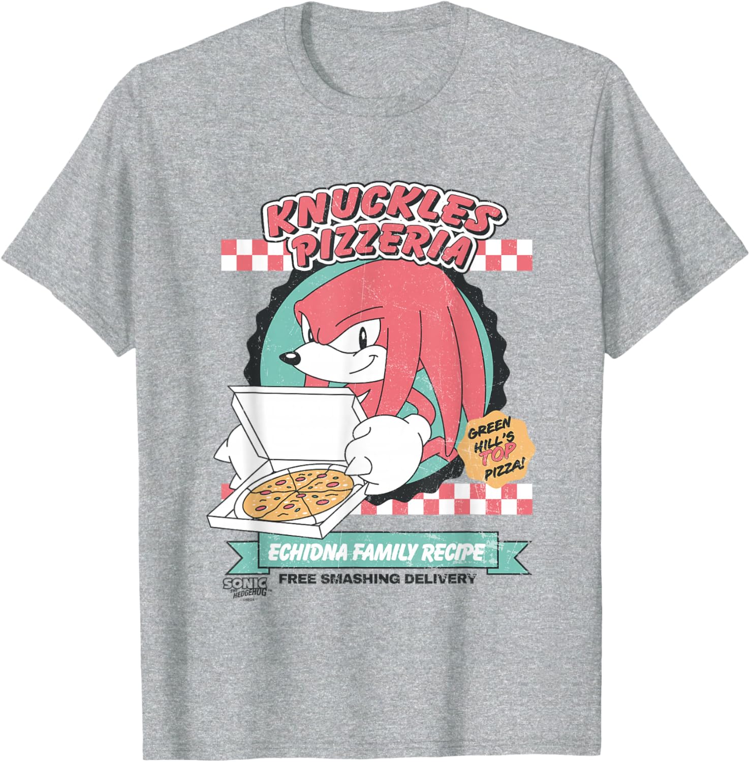Sonic the Hedgehog Knuckles Retro Pizzeria Ad T-Shirt for Fans - 1
