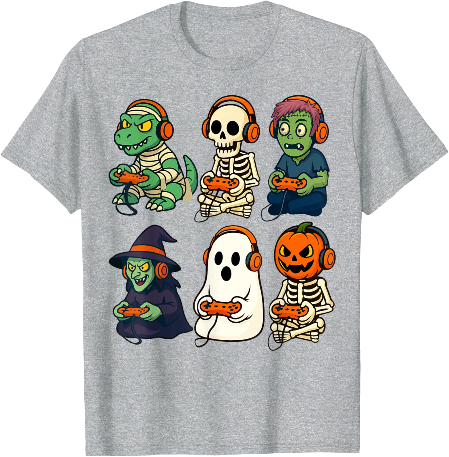 Halloween Boys Gamer T-Shirt with Dinosaur Skeleton and Witch Design - 17