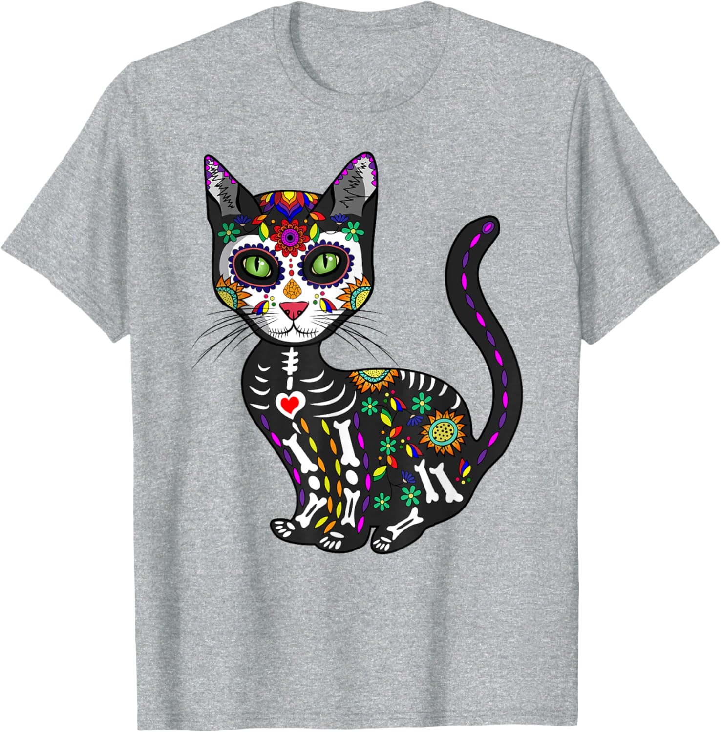 Cute Sugar Skull Cat T-Shirt for Halloween Day of the Dead Fun - 4