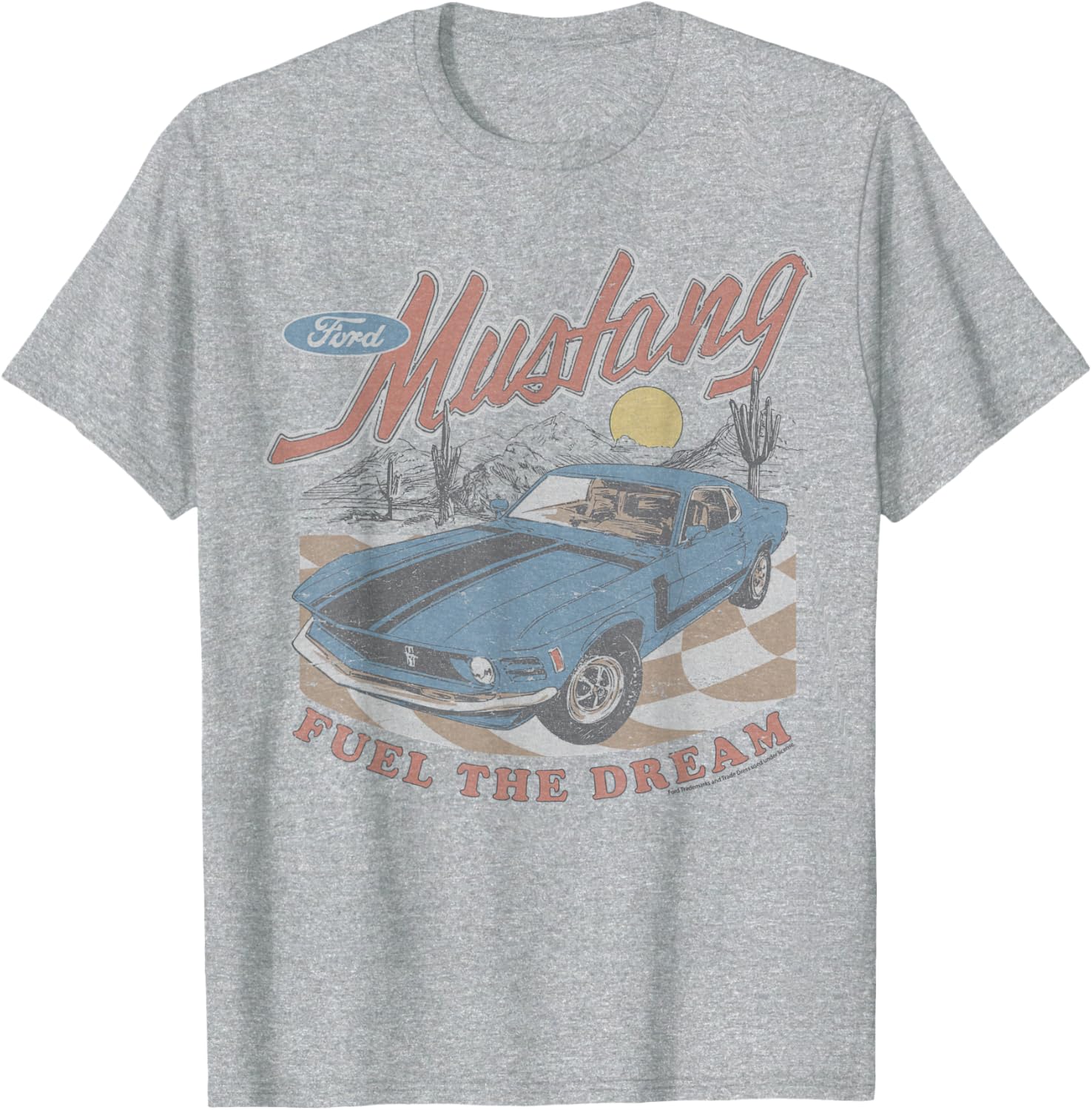 Ford Mustang Fuel The Dream Blue Car T-Shirt in Desert Landscape - 2