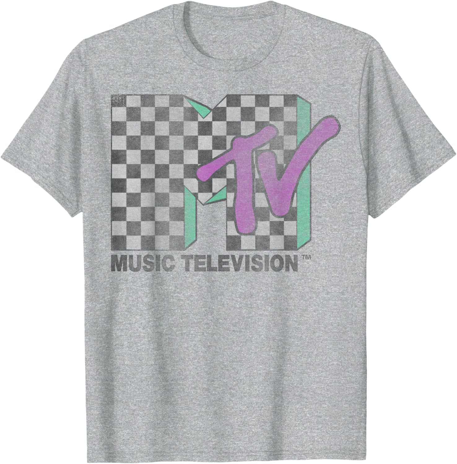 Retro MTV Checkered Distressed Logo Short Sleeve T-Shirt for Trendy Style - 1