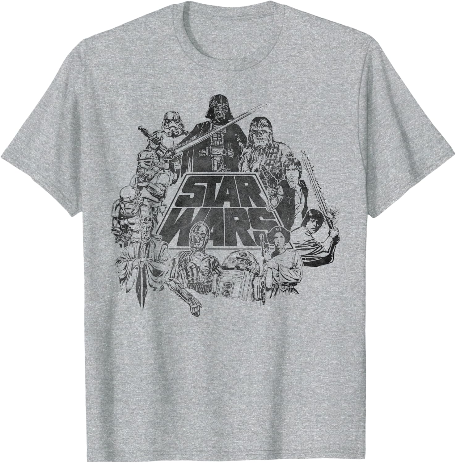 Star Wars Vintage Line Art T-Shirt Featuring Classic Characters - 1
